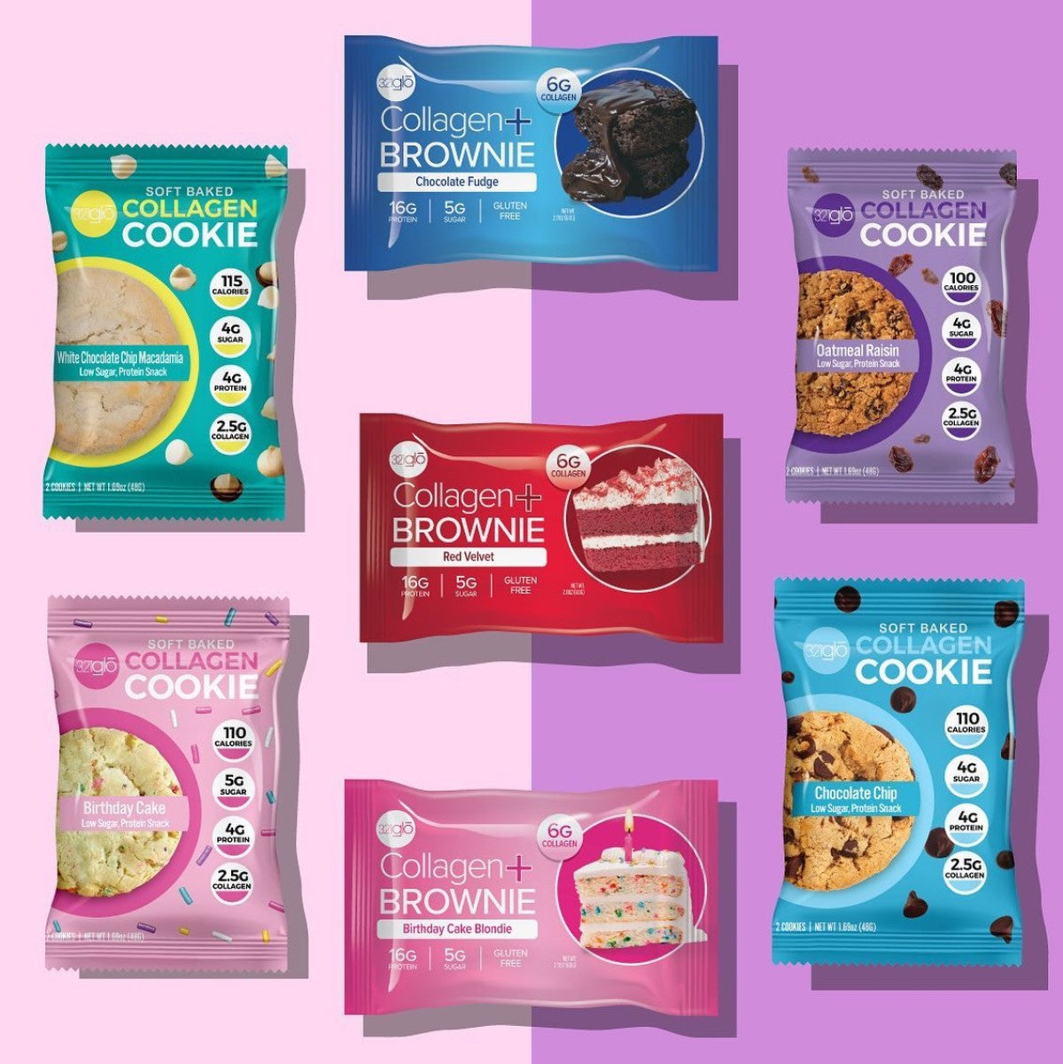 Six colorful snack packages featuring soft baked collagen cookies and collagen brownies in various flavors, arranged on a purple background, highlighting nutritional information and branding.