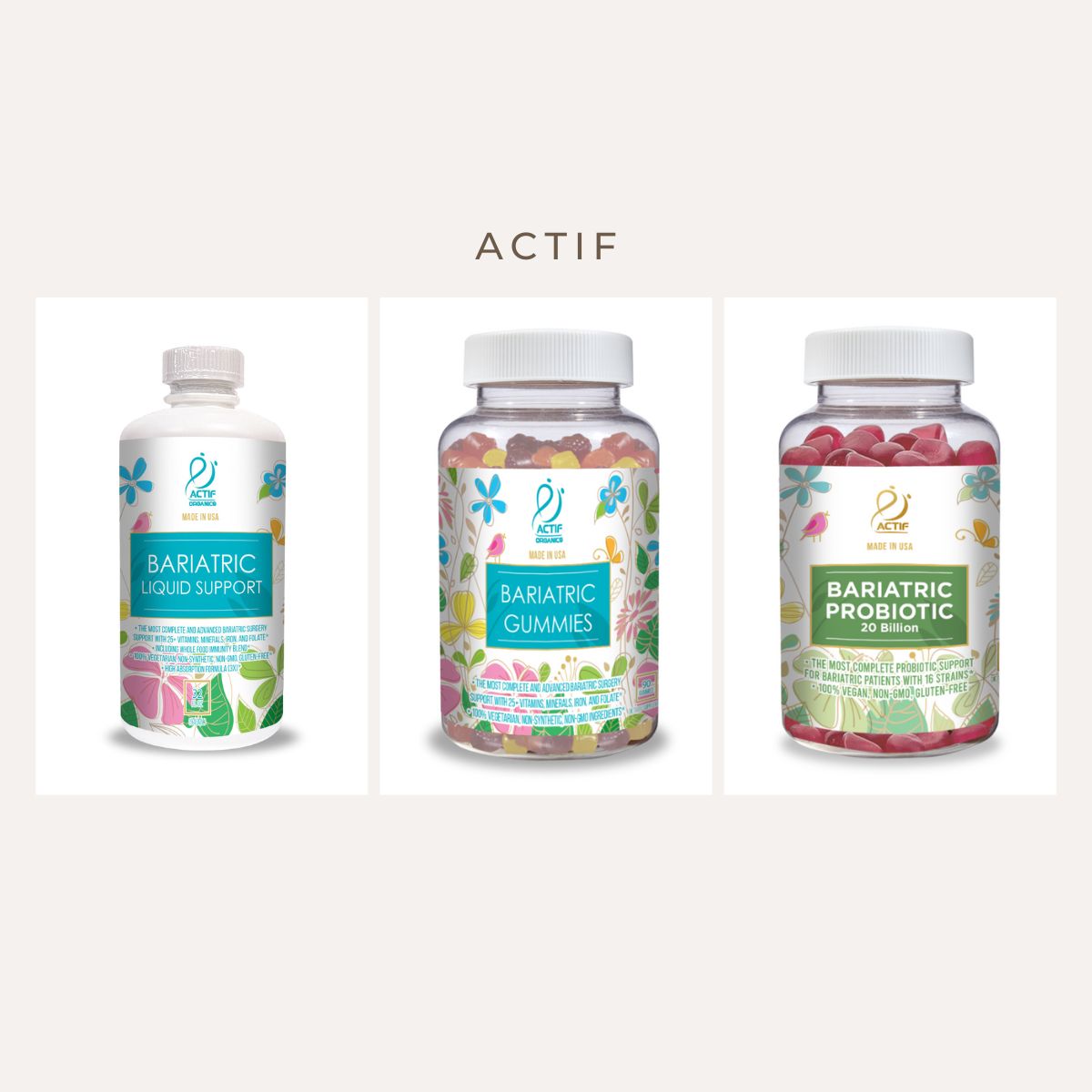 Three bottles of bariatric supplements are displayed: a liquid support, gummies, and a probiotic, all featuring colorful labels with floral designs, highlighting their benefits for bariatric patients.