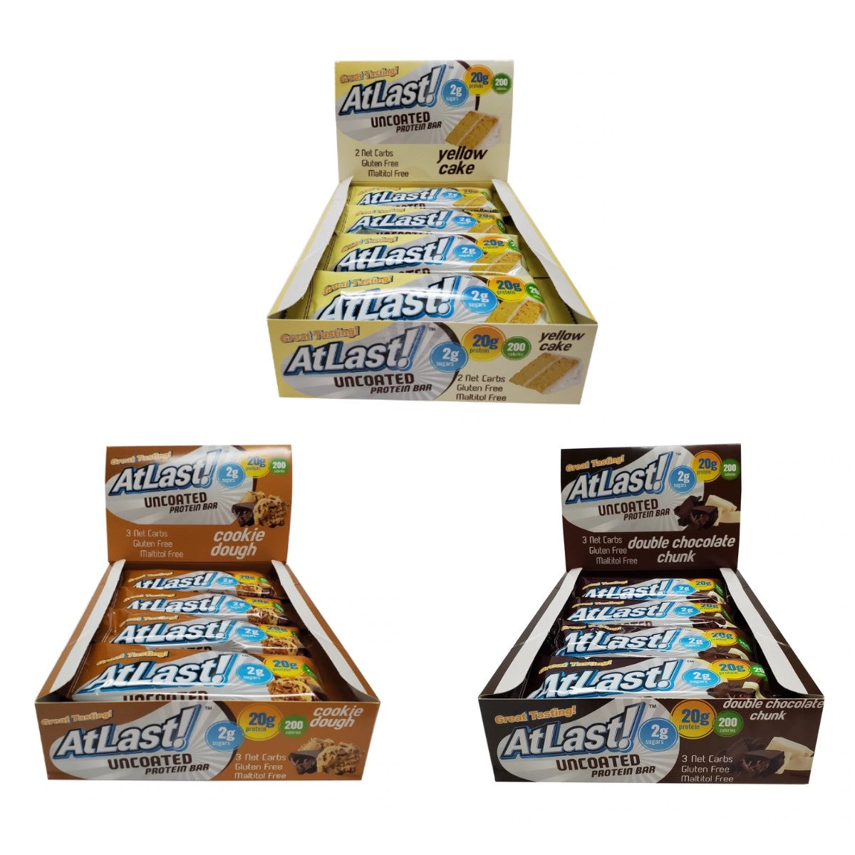 Three boxes of AtLast! Uncoated Protein Bars showcase different flavors: yellow cake, cookie dough, and double chocolate chunk, highlighting nutritional information on each box.