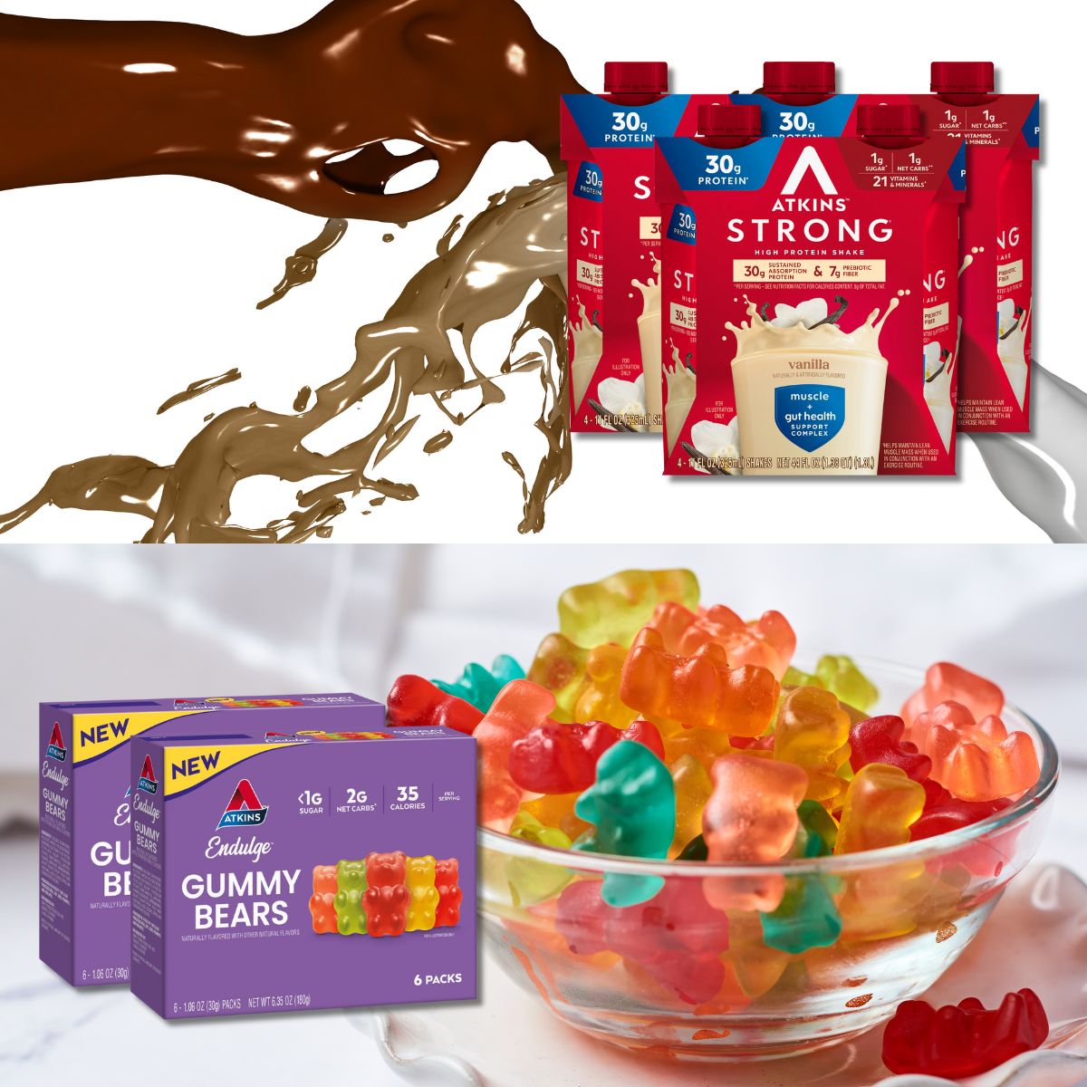 A hand splashes chocolate while protein shakes are displayed in the background, alongside colorful gummy bears in a bowl and packaging, emphasizing a fun and nutritious wellness journey.