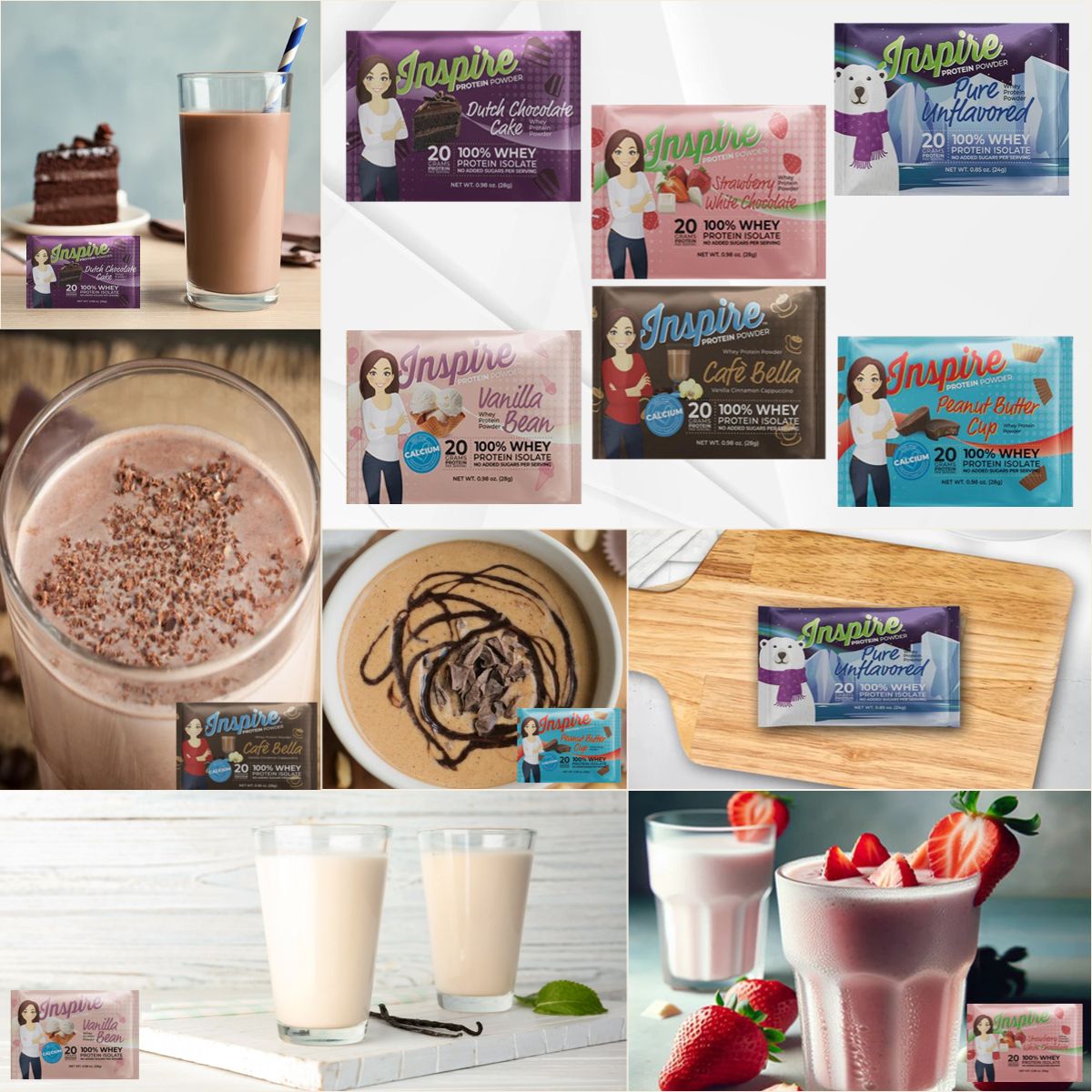 Various protein powder packets are displayed alongside delicious protein shakes and desserts, showcasing flavors like Dutch Chocolate Cake, Vanilla Bean, and Peanut Butter Cup in a bright, inviting kitchen setting.