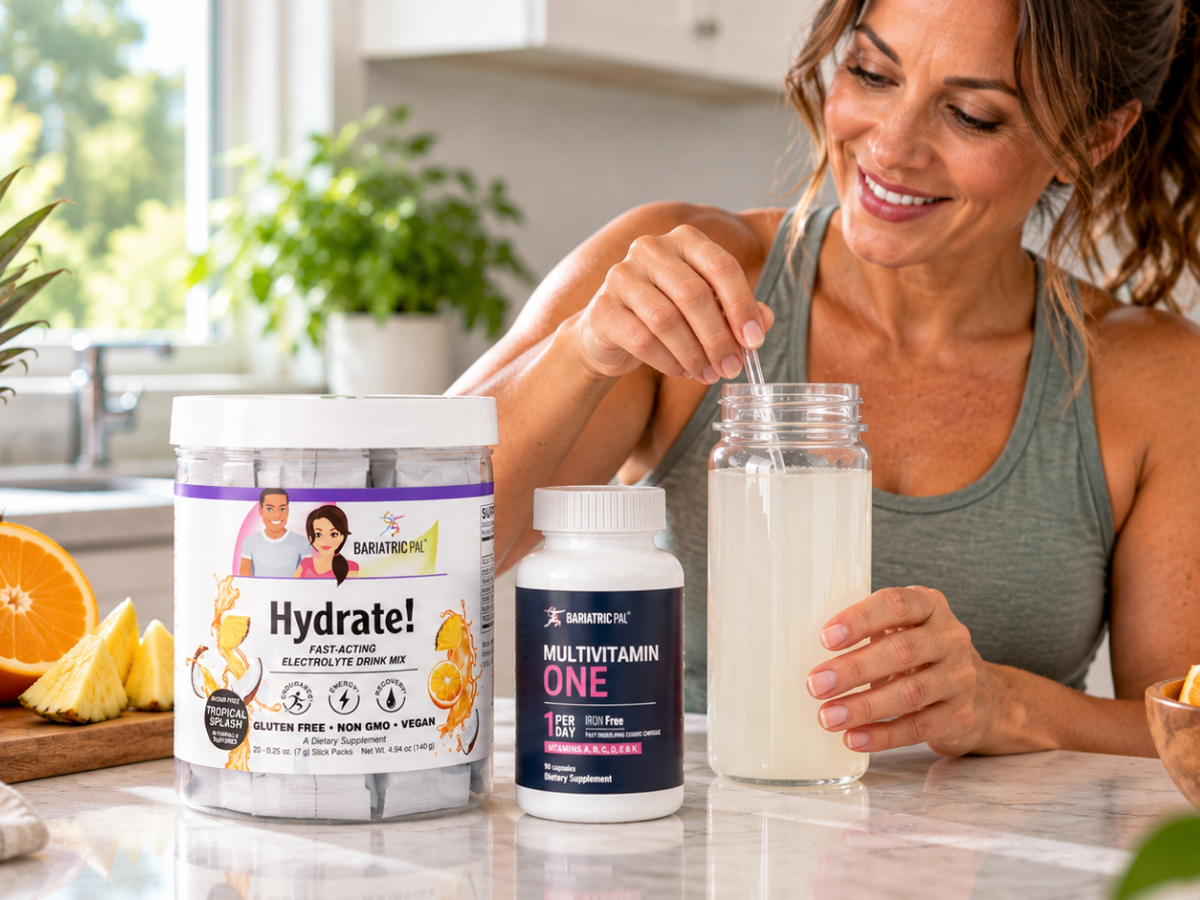 Woman preparing an electrolyte drink in a bright kitchen with Hydrate! Fast-Acting Electrolyte Drink Mix Stick Packs by BariatricPal and BariatricPal Multivitamin ONE Iron Free as part of her daily hydration and wellness routine.