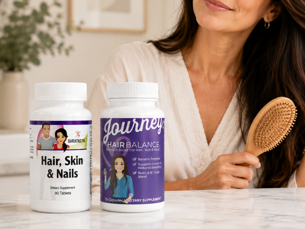 A woman with long hair smiles while holding a wooden hairbrush, next to two bottles of dietary supplements labeled for hair, skin, and nails, set on a marble countertop with greenery in the background.
