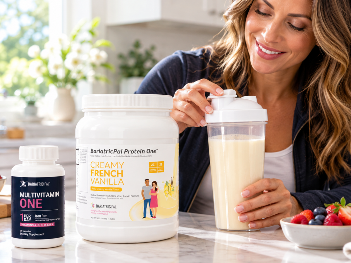Woman preparing a vanilla protein shake in a bright kitchen with BariatricPal Protein ONE Complete Meal Replacement in Creamy French Vanilla and BariatricPal Multivitamin ONE Iron Free displayed on the countertop.