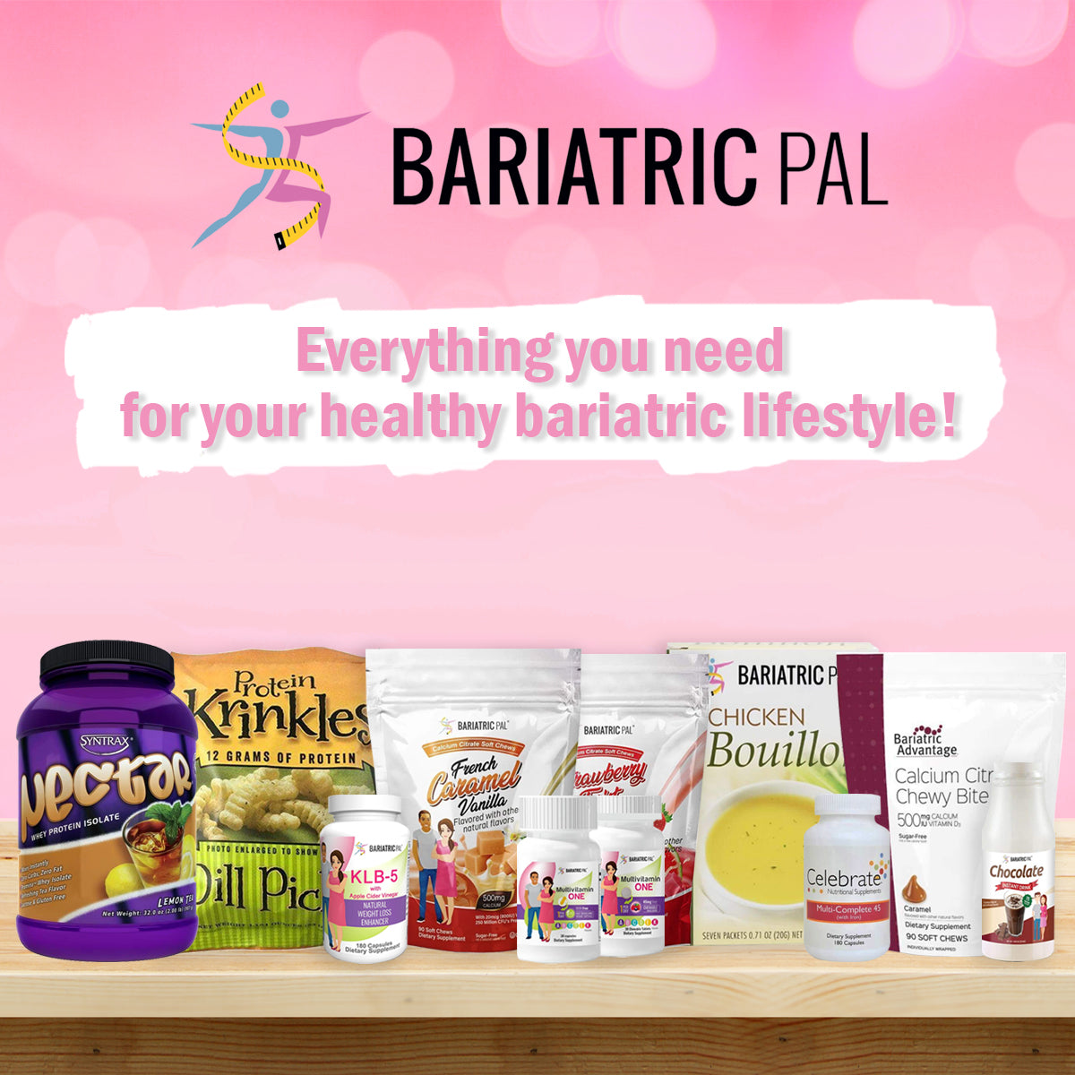 A variety of bariatric products, including protein powders, snacks, and supplements, are displayed on a wooden shelf against a pink background, promoting a healthy bariatric lifestyle.