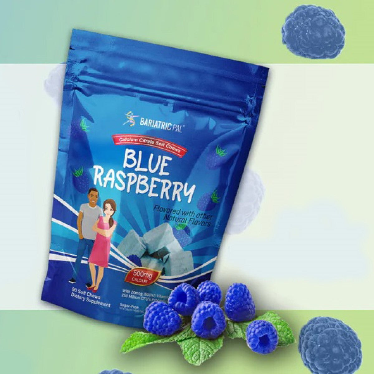 A blue package of BariatricPal Sugar Free Calcium Citrate Soft Chews labeled "Blue Raspberry" is displayed alongside blue raspberries and a light green background, featuring two cartoon figures smiling together.