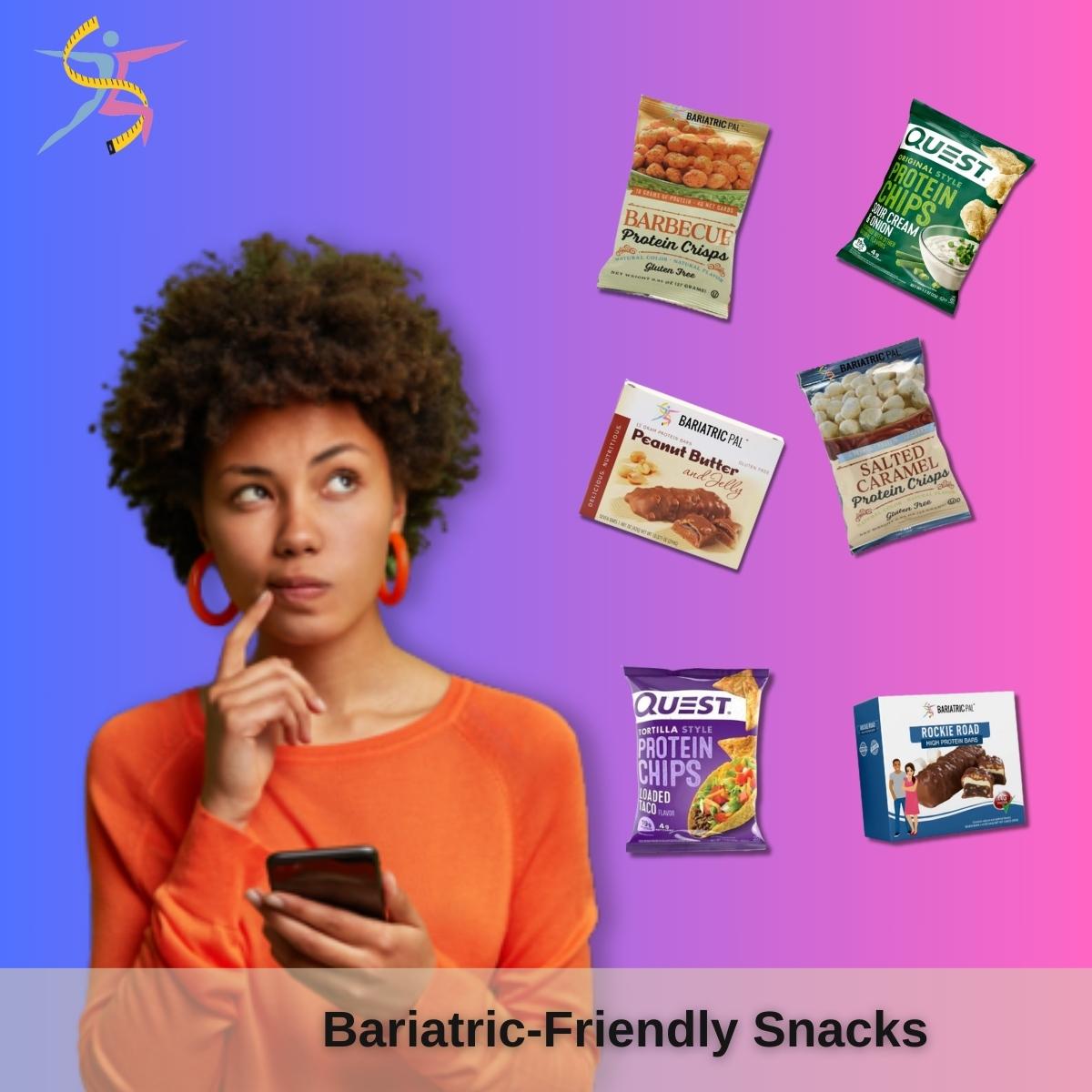A person with curly hair and orange clothing holds a phone while looking thoughtfully at various bariatric-friendly snack packages displayed against a colorful background.