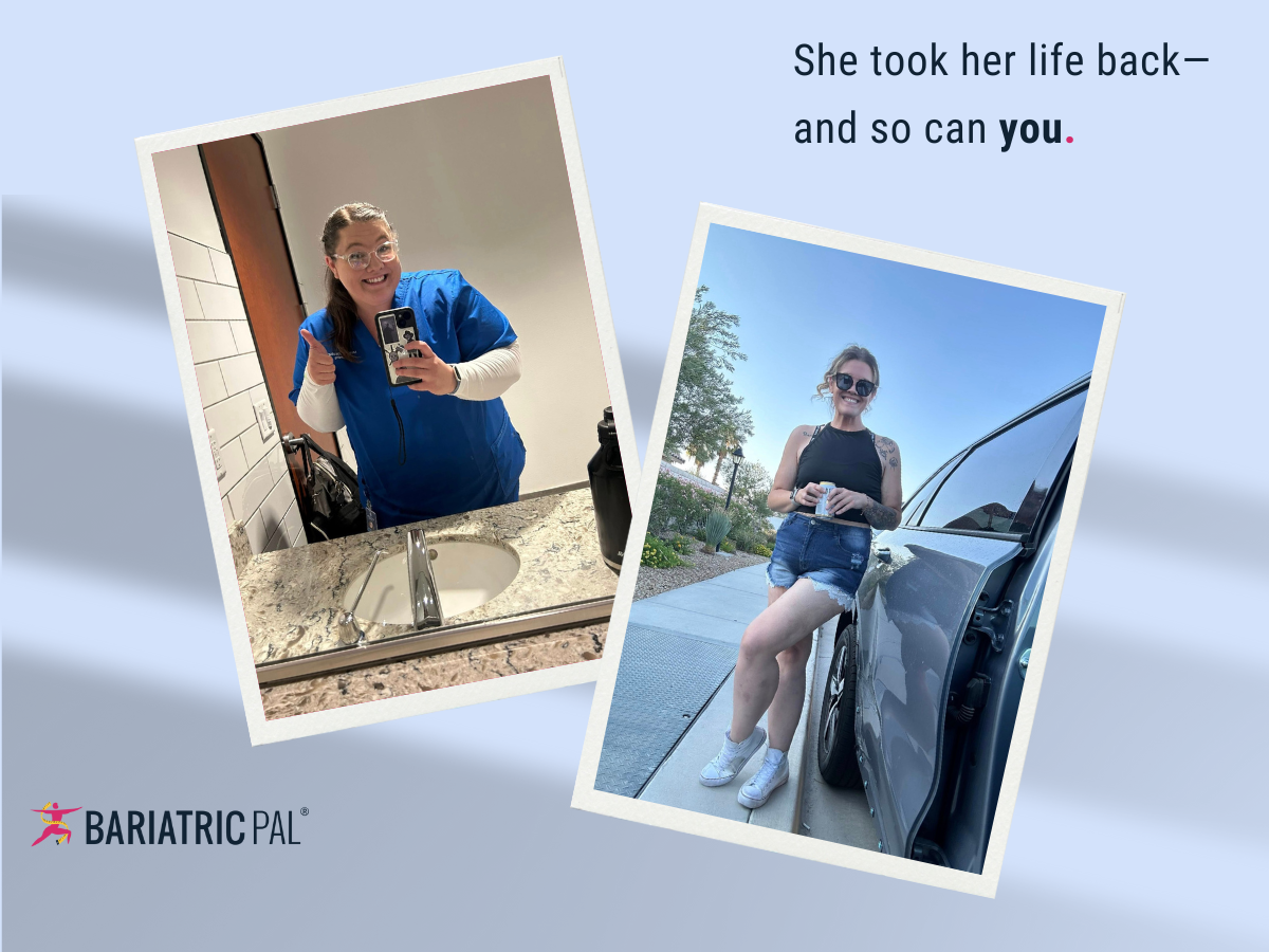A woman in blue scrubs gives a thumbs-up in a bathroom selfie, while a second image shows her confidently posing in casual attire next to a car, highlighting her weight loss journey and regained confidence.