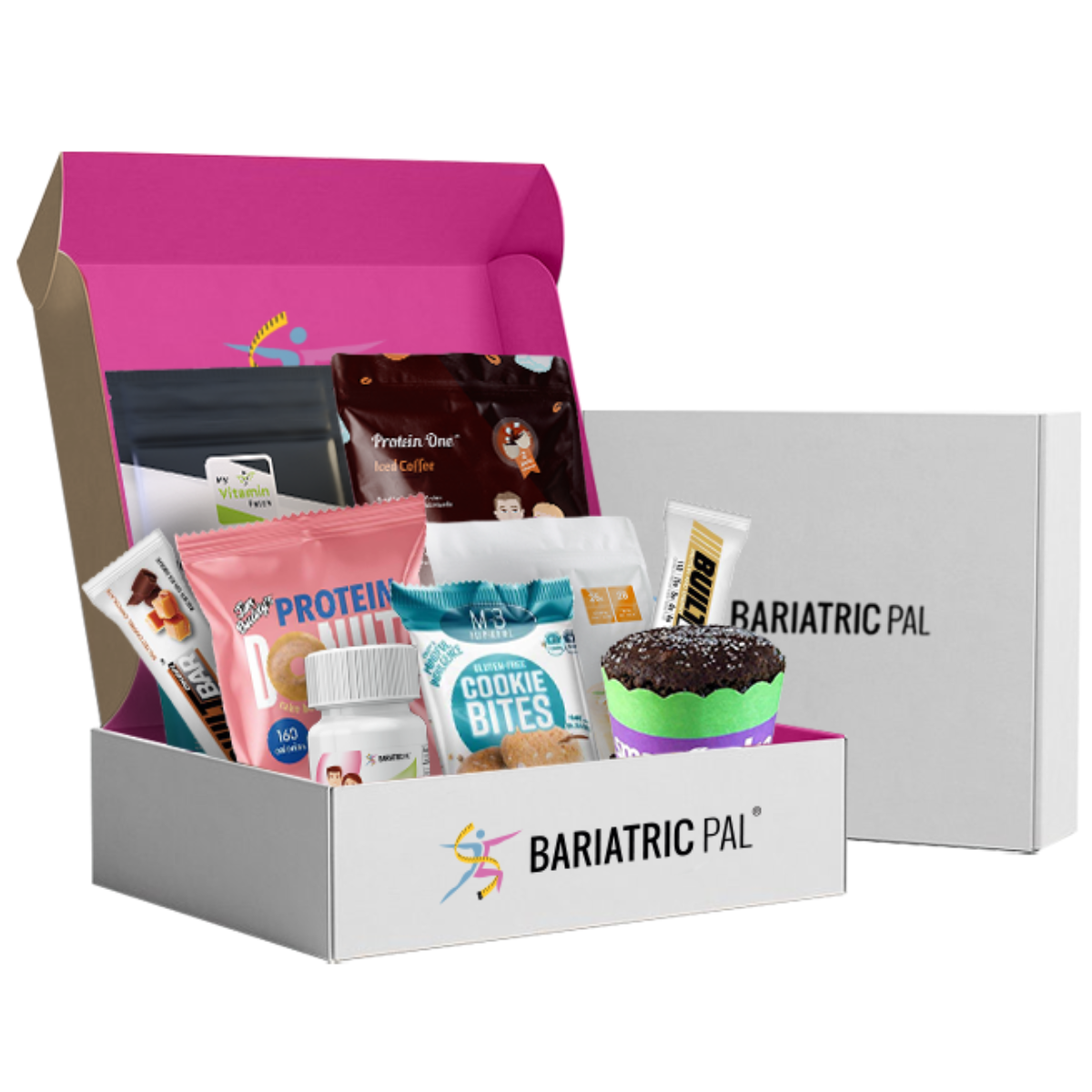 A white box labeled "Bariatric Pal" is open to reveal a variety of health-focused snacks and products, including protein bars, coffee, and cookie bites, all set against a bright pink interior.
