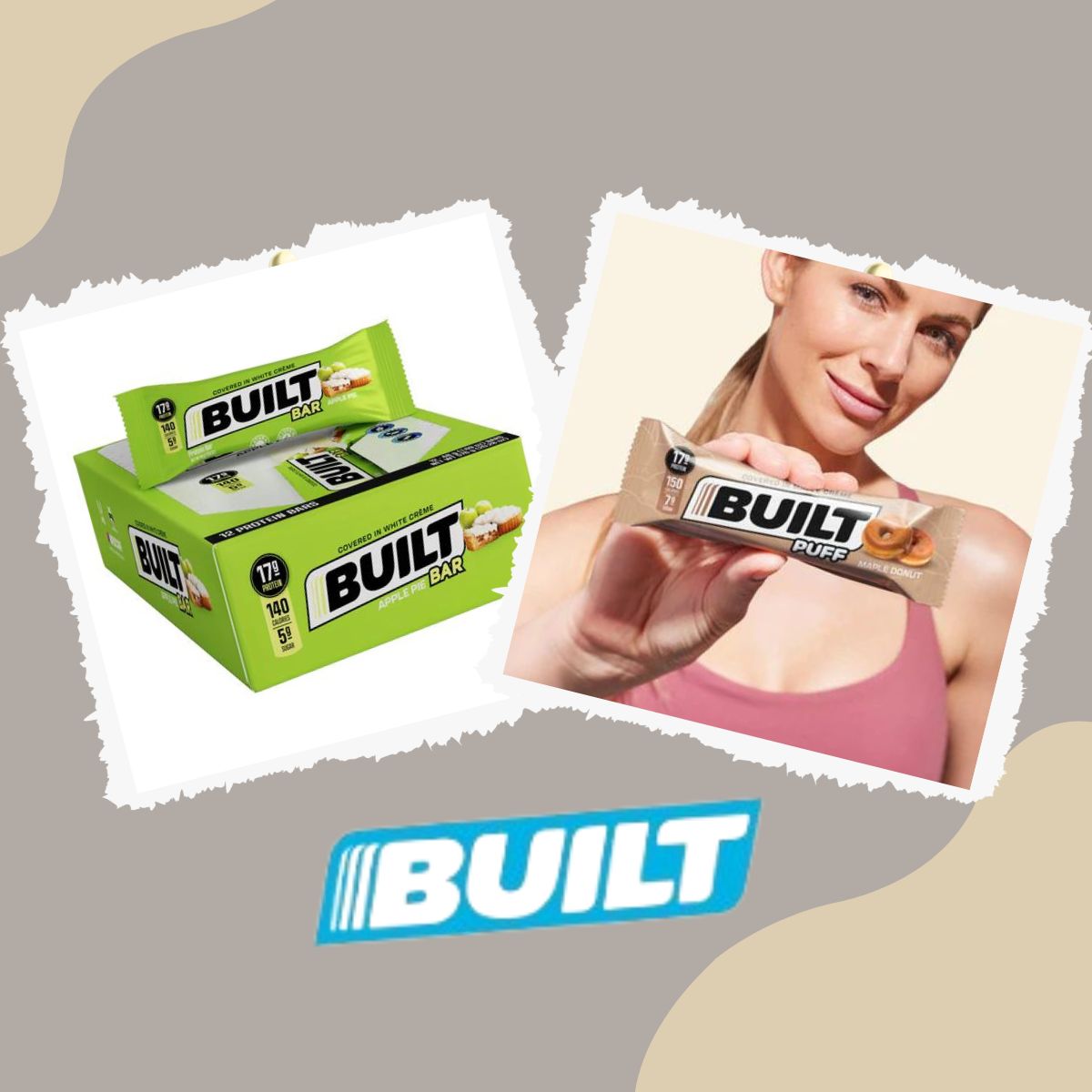 A woman in a pink top smiles while holding a Built Puff Maple Donut protein bar, next to a box of Built Bars featuring Apple Pie flavor, set against a soft, neutral background.