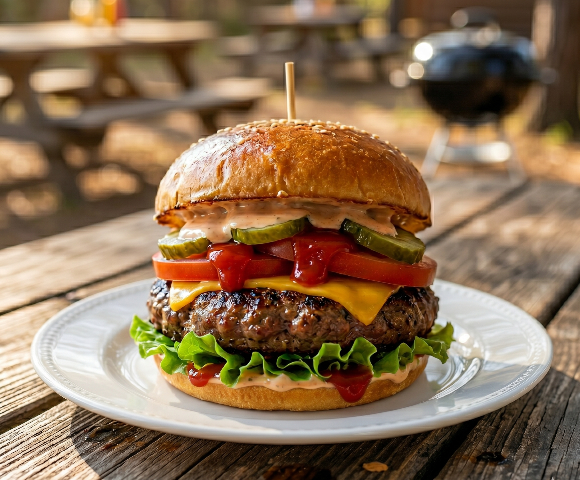 A juicy burger stacked with lettuce, tomato, cheese, pickles, and sauce sits on a white plate on a rustic wooden table, with a grill and picnic area blurred in the background.