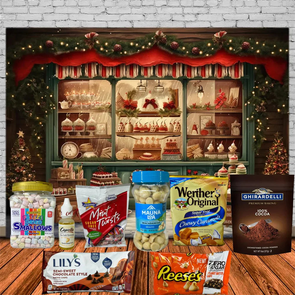 A festive cookie decorating kit is displayed in front of a decorated holiday window, featuring various treats like marshmallows, chocolate chips, and cocoa, set against a cozy, festive backdrop.