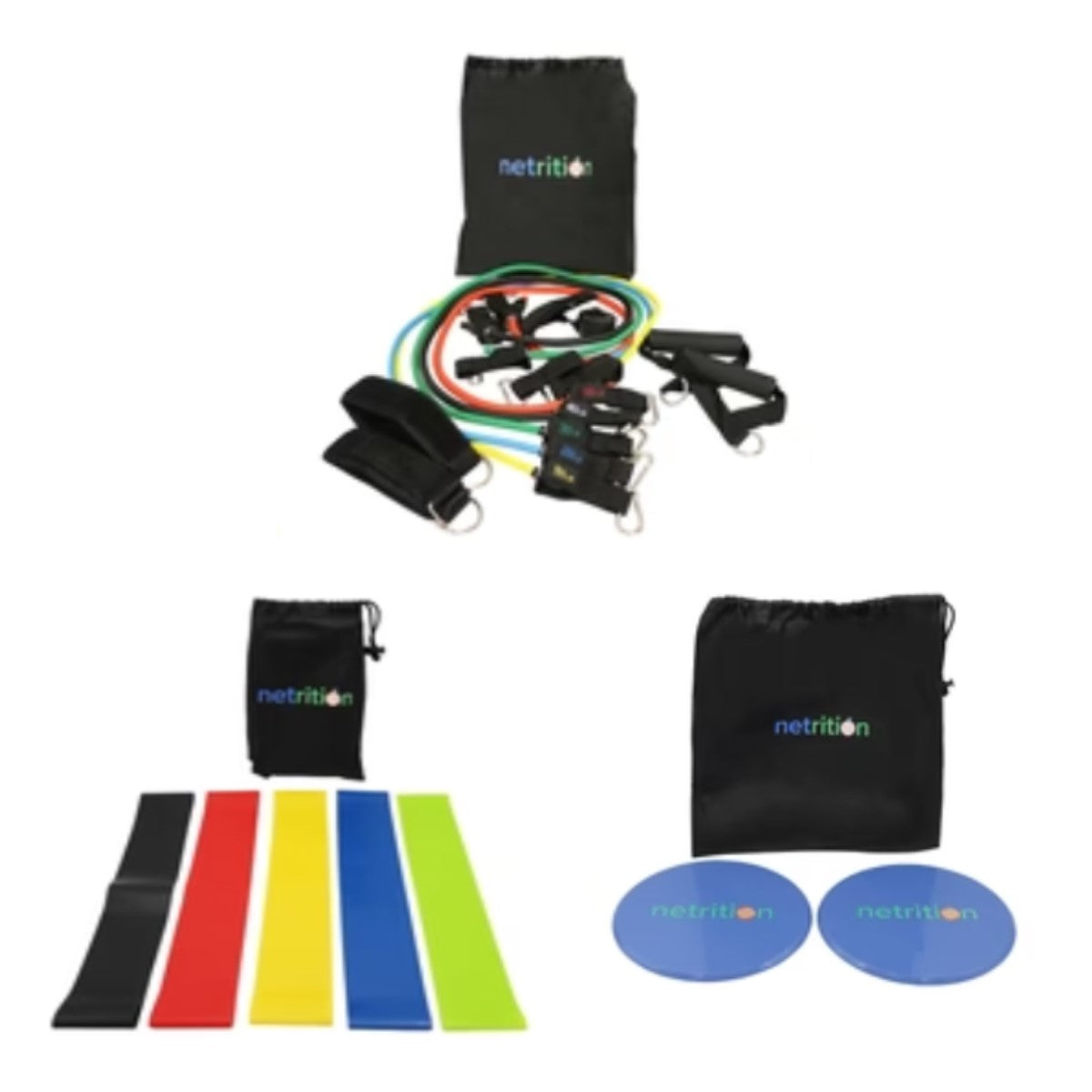 A collection of new exercise equipment includes resistance bands in various colors, fitness sliders, and fabric resistance bands, all neatly arranged with a black drawstring bag labeled "netrition."