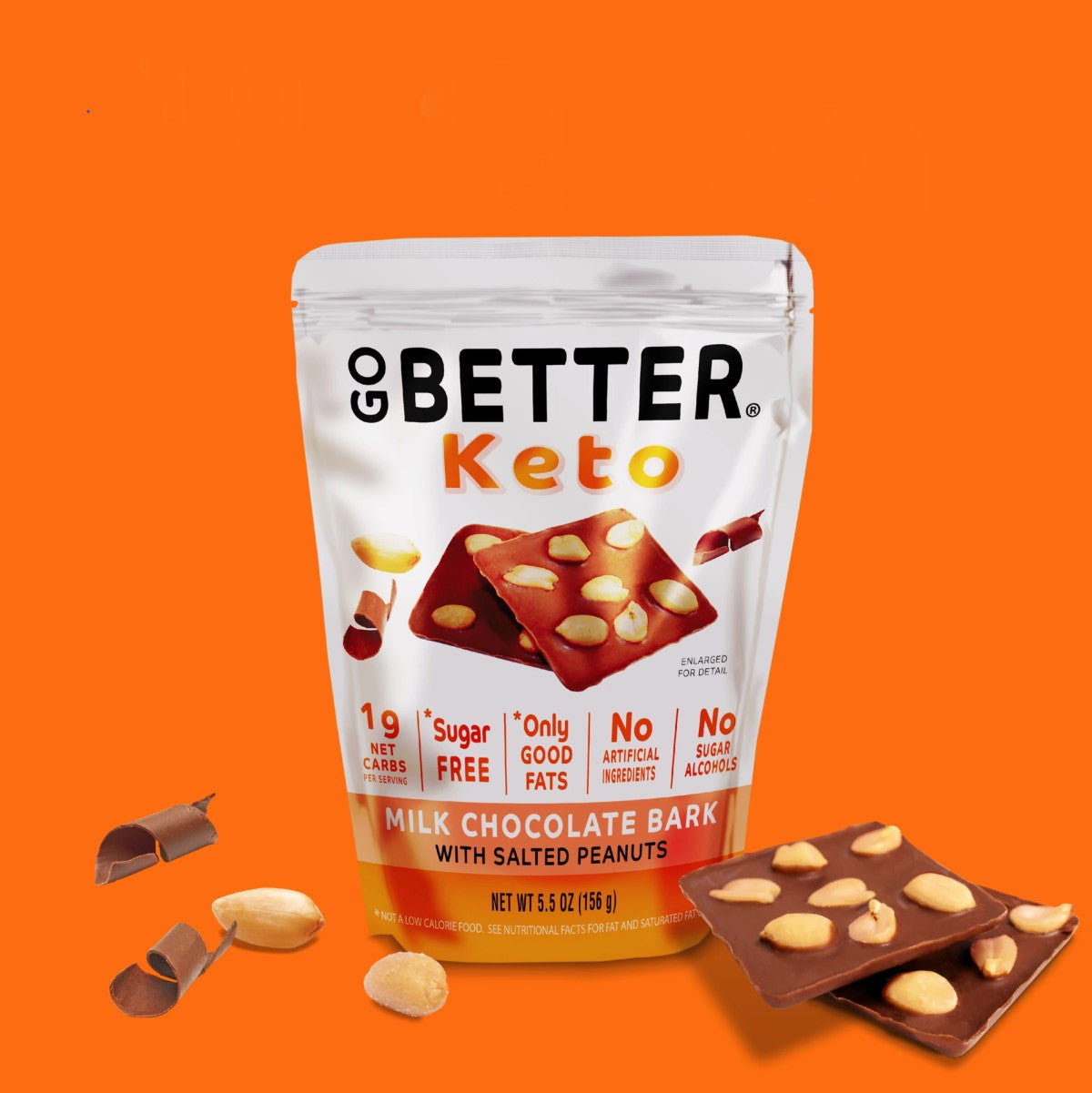 A package of Go Better Milk Chocolate Peanut Butter Bark with salted peanuts is displayed against an orange background, showcasing the product and its nutritional highlights.