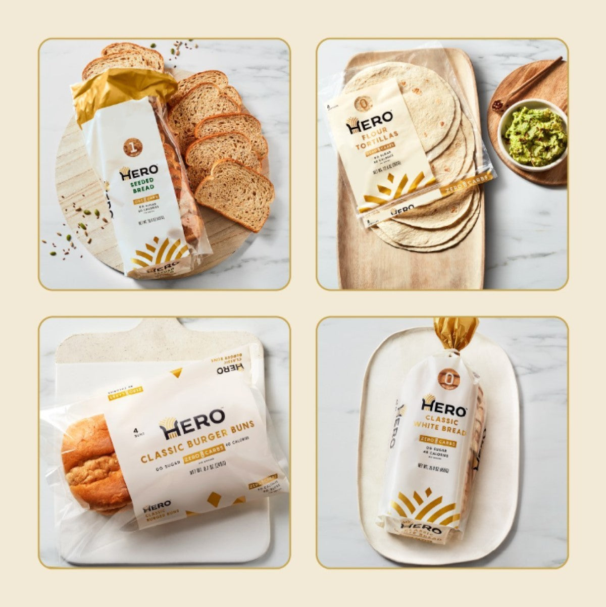 Four images showcase Hero Bread products: sliced seed bread, flour tortillas with guacamole, classic burger buns, and white bread, all presented on light-colored plates and wooden boards.