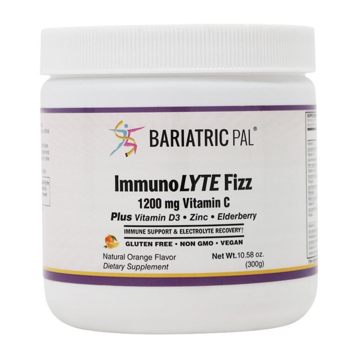 A white container of ImmunoLYTE Fizz by BariatricPal, labeled with "1200 mg Vitamin C" and details about its ingredients and benefits, sits against a plain background.