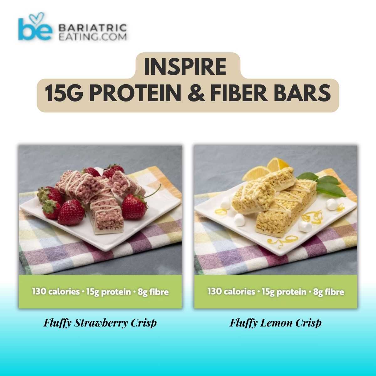 Two plates display protein and fiber bars: the left features Fluffy Strawberry Crisp with fresh strawberries, and the right shows Fluffy Lemon Crisp with lemon slices, both highlighting nutritional information.