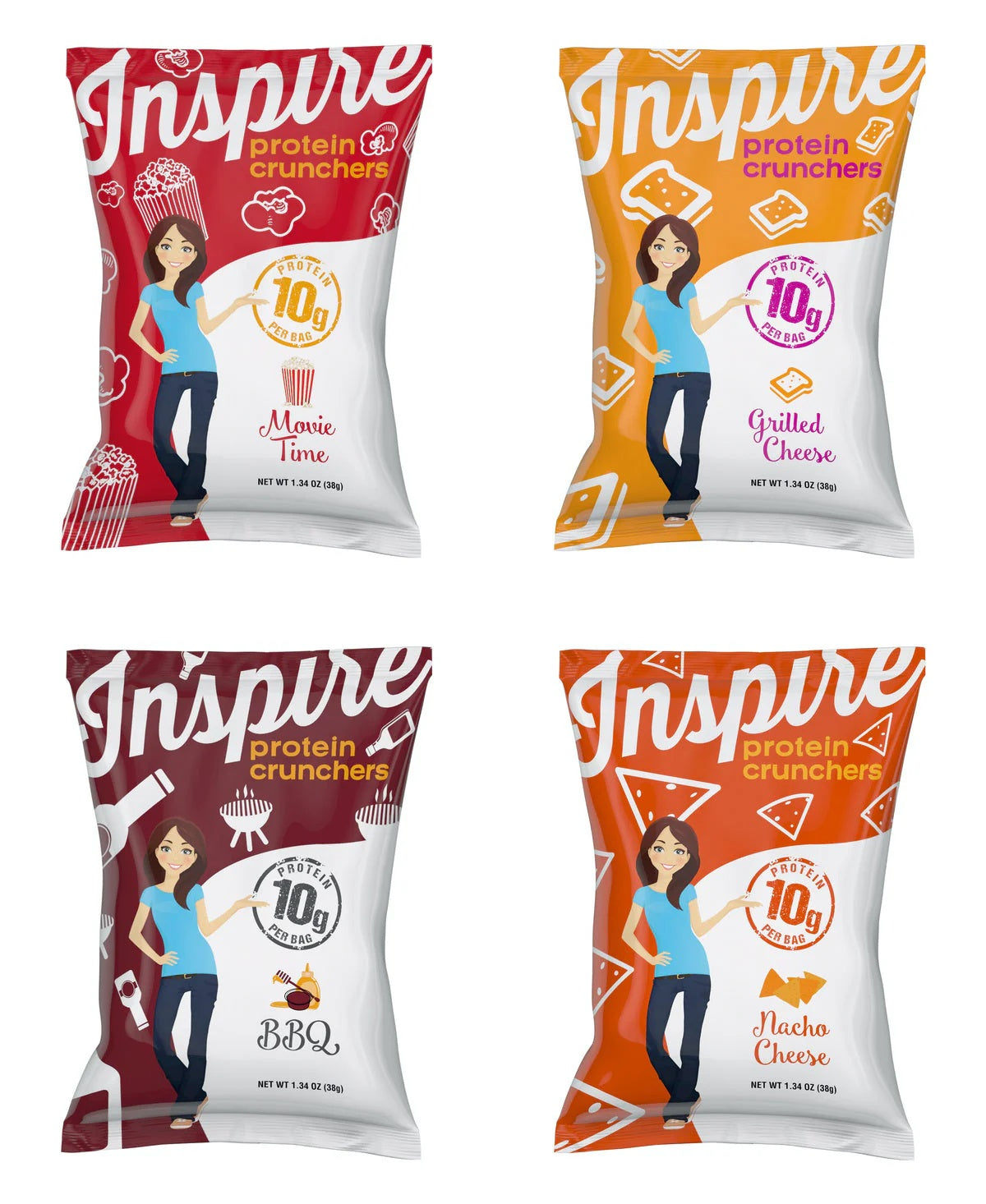 Four colorful snack bags of Inspire Protein Crunchers feature a woman in a blue shirt, promoting flavors like Movie Time, Grilled Cheese, BBQ, and Nacho Cheese, each highlighting 10 grams of protein per bag.