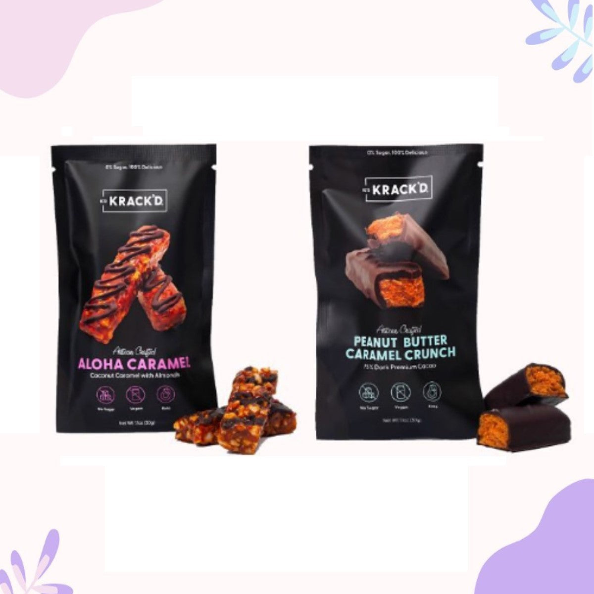 Two bags of Keto Krack'd snacks are displayed: one labeled "Aloha Caramel" with a caramel treat, and the other "Peanut Butter Caramel Crunch" featuring a chocolate-covered snack, set against a light pastel background.