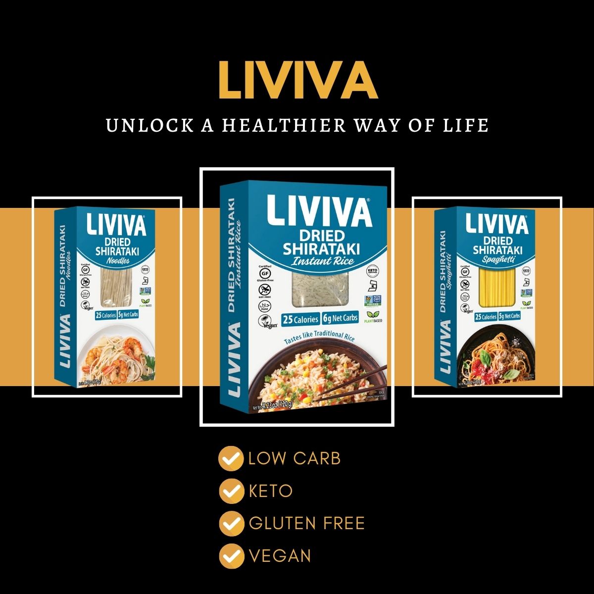 Three boxes of Liviva dried Shirataki products, including noodles, instant rice, and spaghetti, highlight their low-calorie, low-carb, keto, gluten-free, and vegan benefits against a black background.