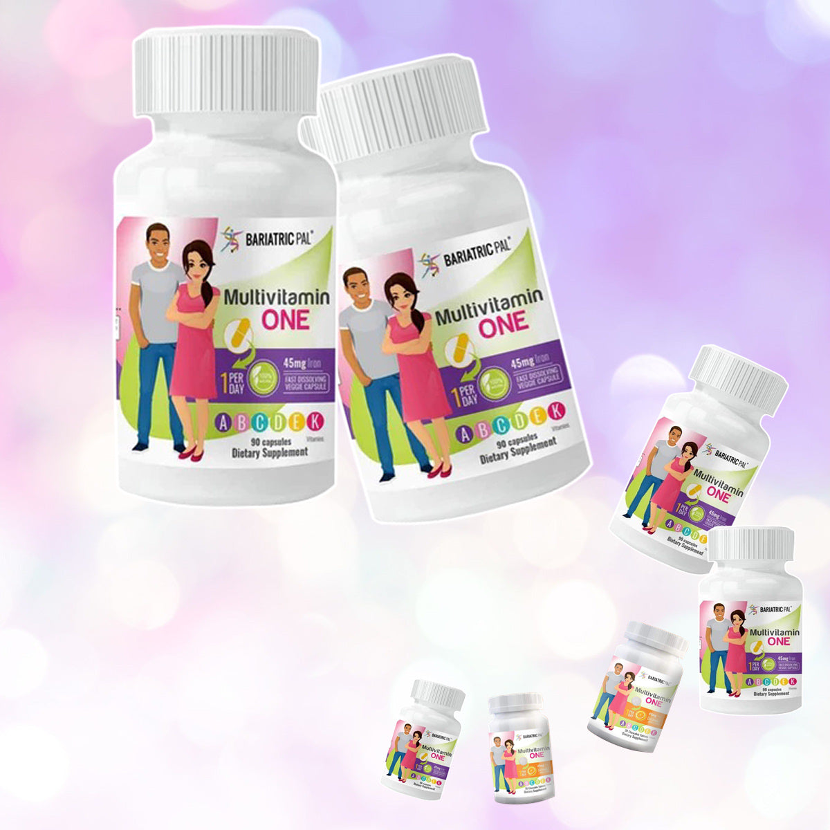 Two bottles of "Multivitamin ONE" dietary supplement are displayed with cartoon characters, a man and a woman, smiling and holding a tennis ball, set against a soft, colorful background.