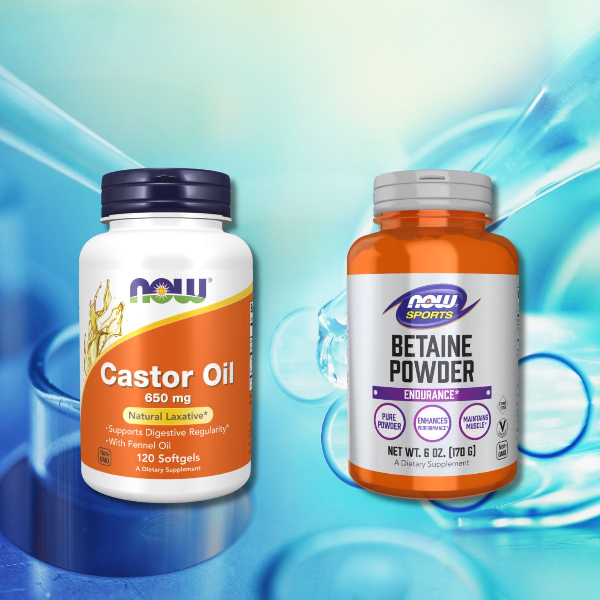 Two dietary supplement bottles are displayed against a blue background; the left bottle is NOW Castor Oil Softgels, and the right is NOW Betaine Powder, highlighting new additions to the BariatricPal Store.