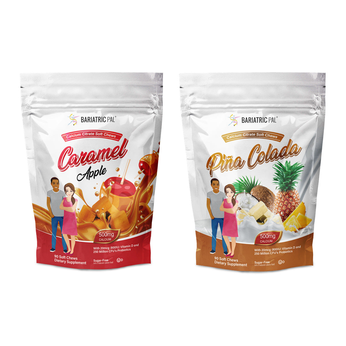 Two bags of calcium citrate soft chews labeled "Caramel Apple" and "Piña Colada" are displayed, featuring illustrations of a man and a woman enjoying the flavors, set against a white background.
