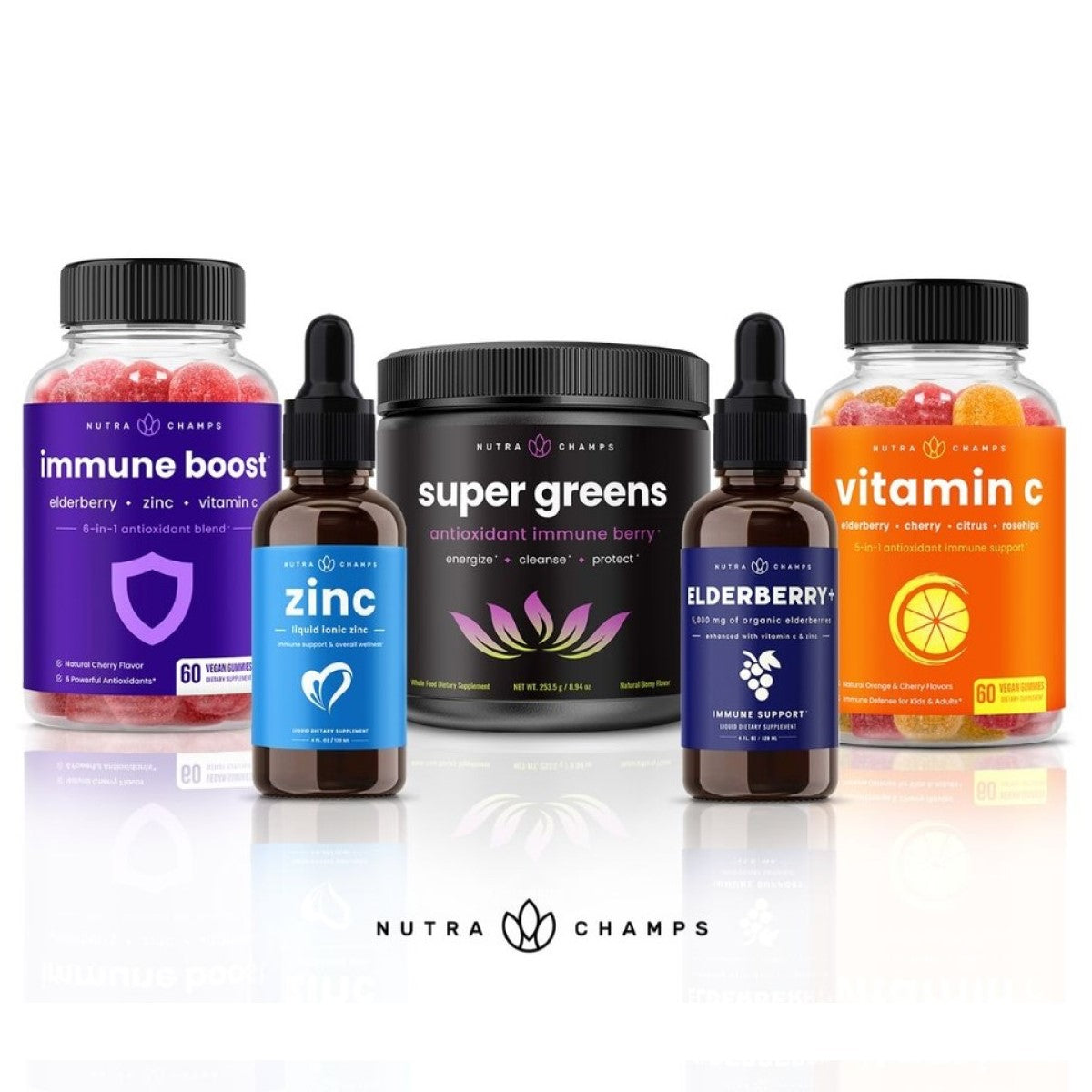 Five NutraChamps health products are displayed, including Immune Boost gummies, Zinc liquid, Super Greens powder, Elderberry liquid, and Vitamin C gummies, all emphasizing immune support and antioxidants.