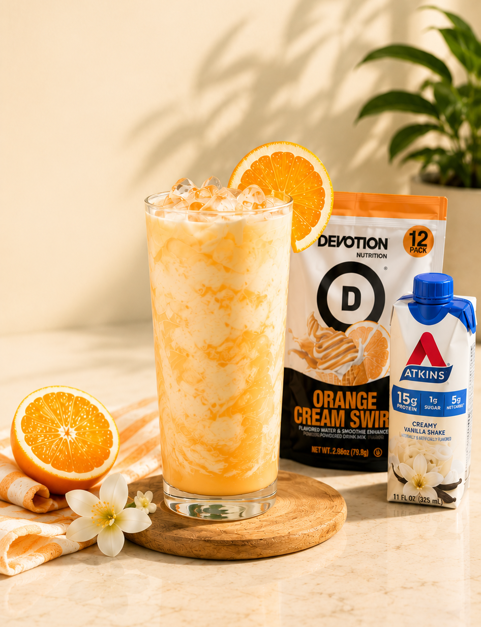 A tall glass of orange cream smoothie with ice sits on a wooden coaster, accompanied by a packet of orange cream powder and a vanilla shake, with a fresh orange and a white flower nearby on a marble surface.