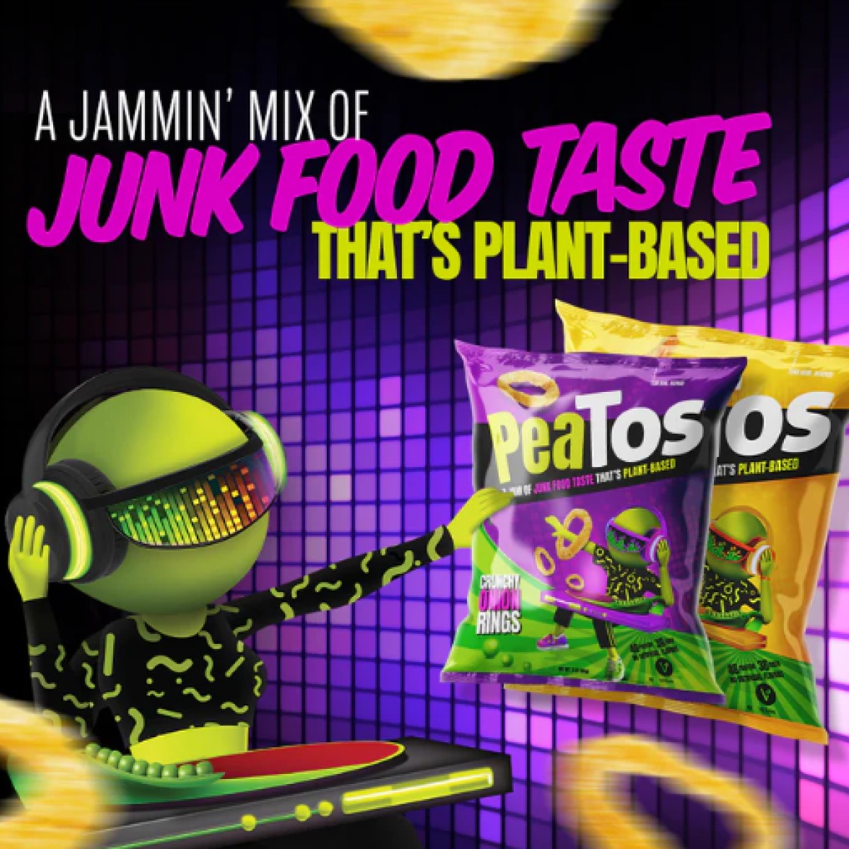 A vibrant, animated character with headphones is DJing at a colorful party, showcasing two bags of Peatos snacks labeled "Crunchy Onion Rings" against a lively, disco-themed background.