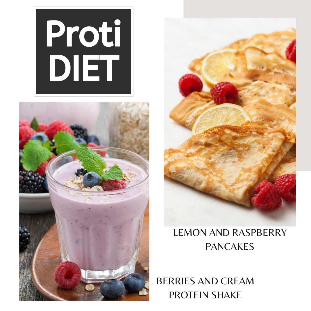 A glass of berry and cream protein shake sits beside a stack of lemon and raspberry pancakes, garnished with fresh raspberries and lemon slices, promoting Proti Diet's new health products.