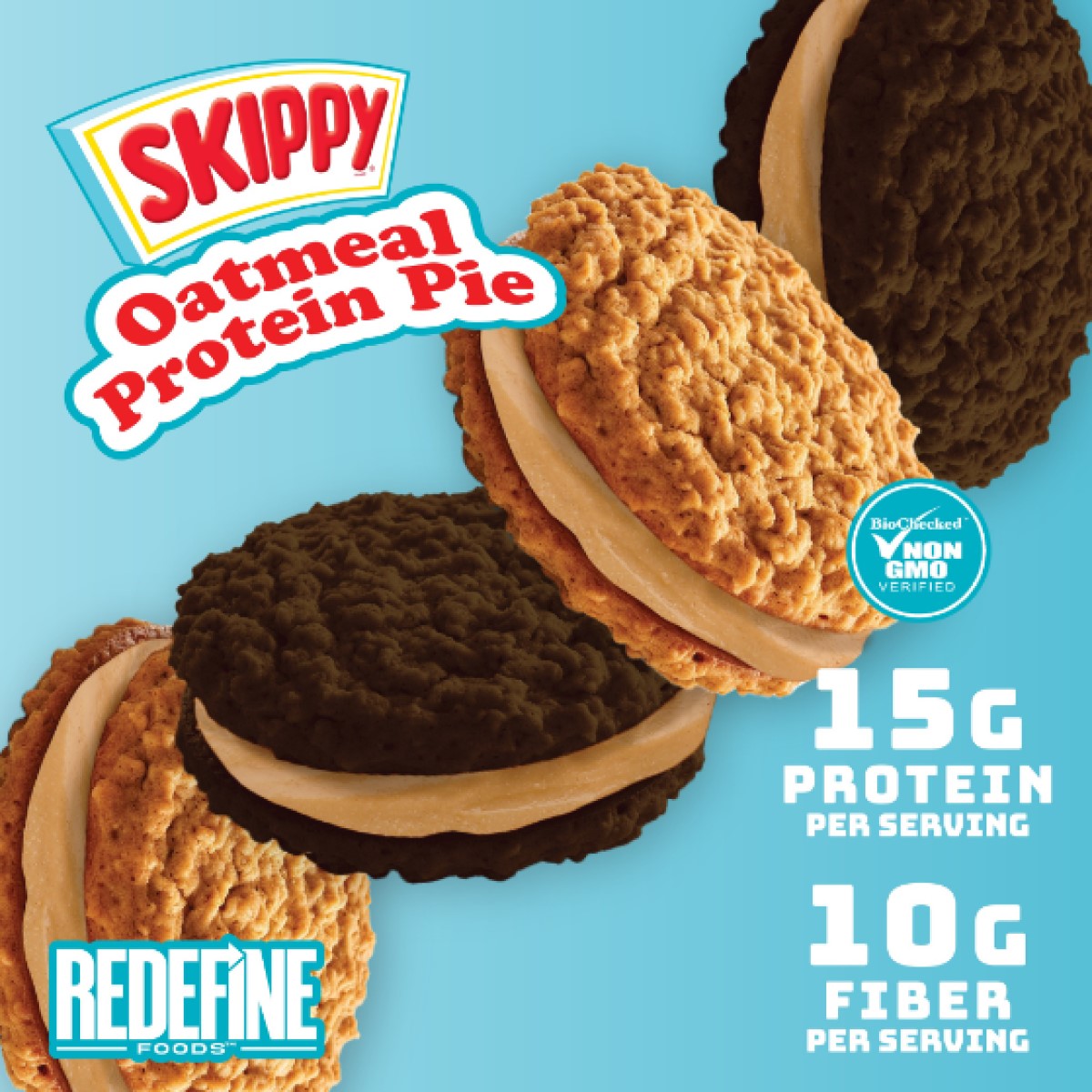 Three oatmeal protein pies, featuring a creamy filling, are displayed against a light blue background, with labels highlighting 15g of protein and 10g of fiber per serving, along with brand logos.