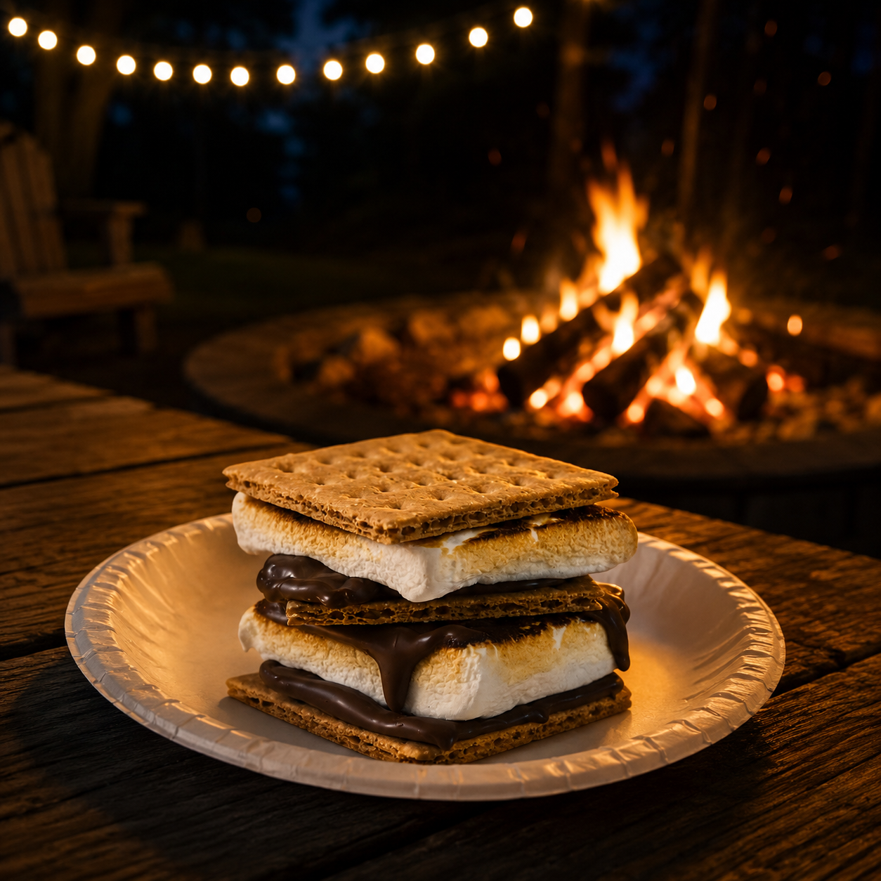 A plate holds a stacked s'more with toasted marshmallows and melted chocolate, set on a rustic wooden table, while a glowing campfire and string lights create a cozy evening atmosphere.