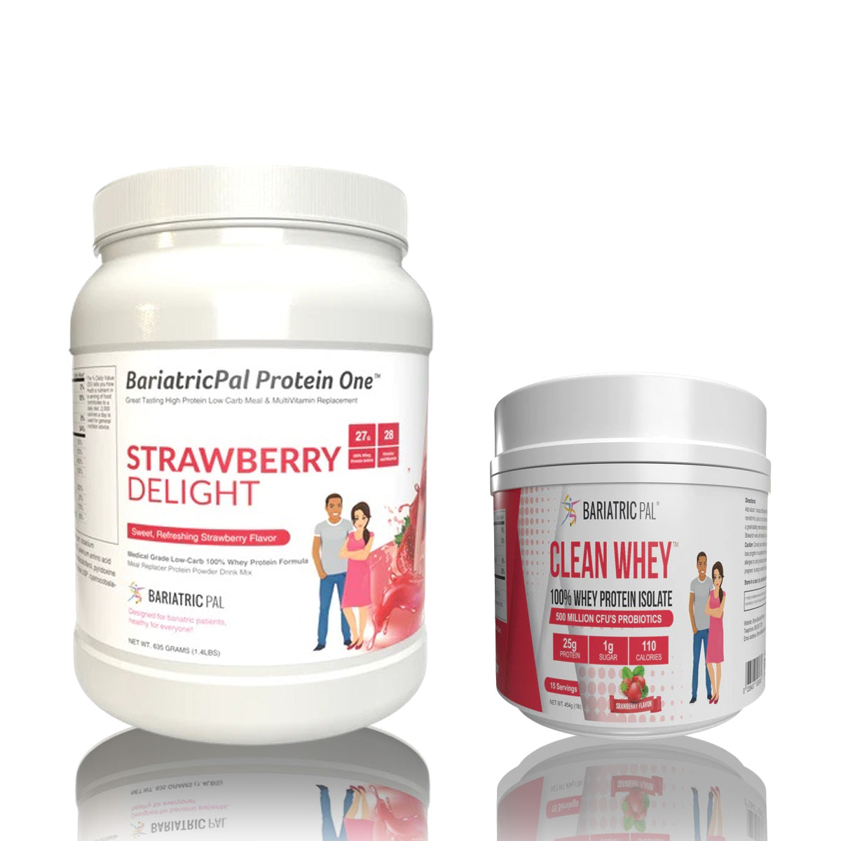 Two protein powder containers are displayed: a large white tub labeled "Strawberry Delight" and a smaller tub labeled "Clean Whey," both featuring strawberry-themed graphics and nutritional information.