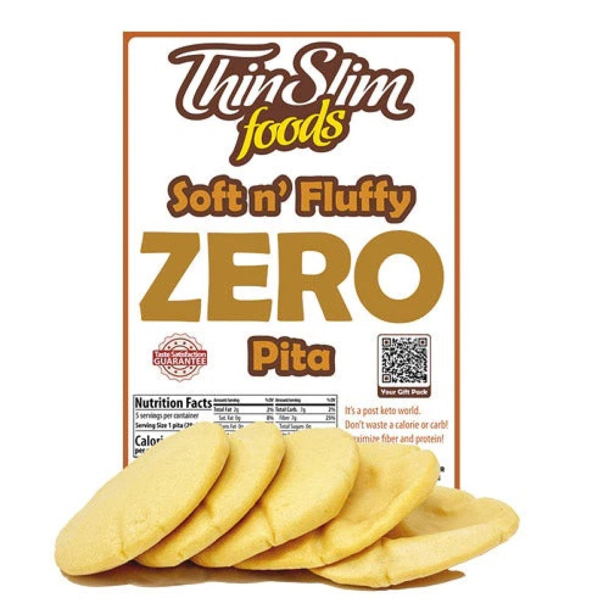 A package of ThinSlim Foods Soft n' Fluffy ZERO Pita sits behind several round, soft pita breads, showcasing the product's branding and nutritional information prominently on the front.