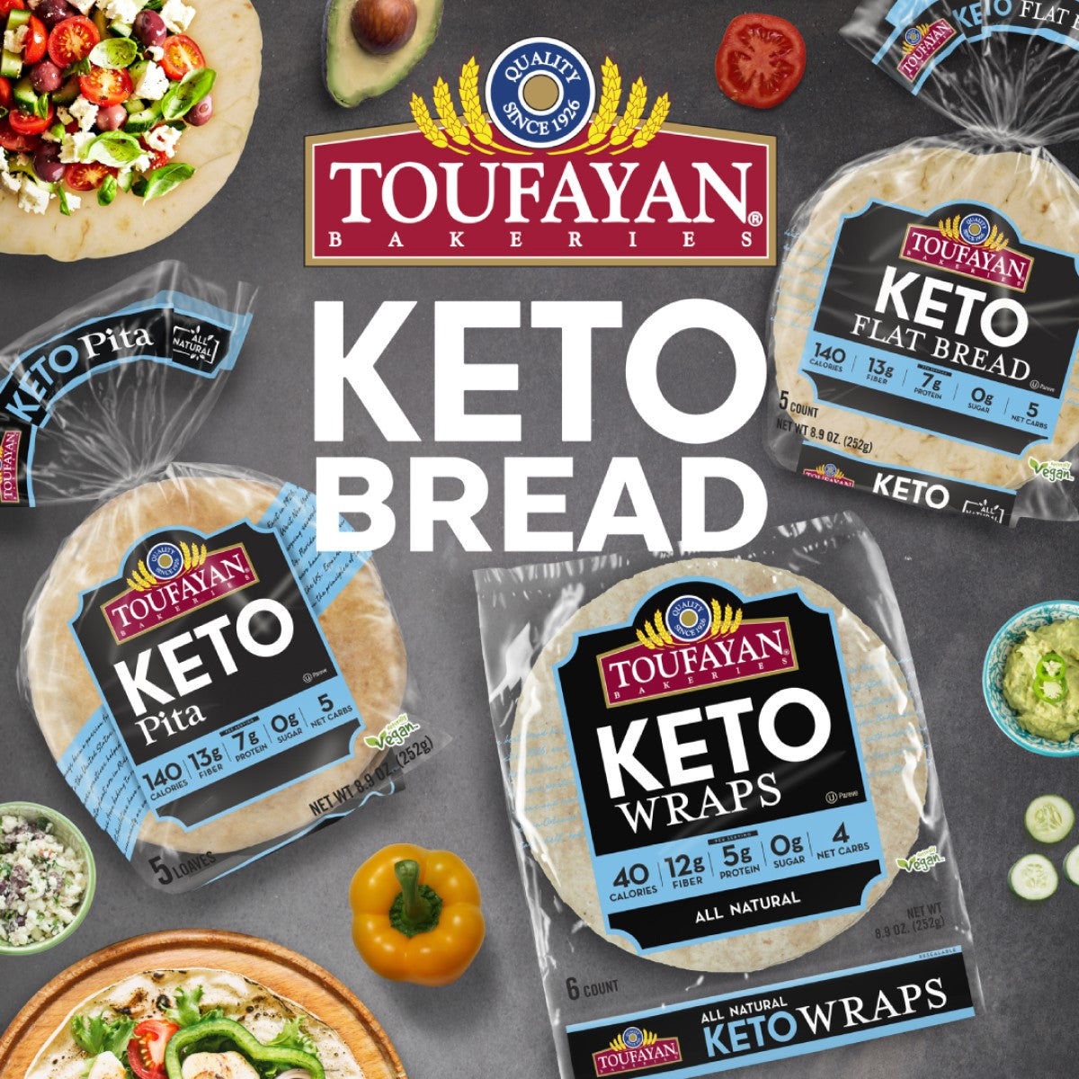 Toufayan Bakeries showcases its new keto bread products, including pita and wraps, prominently displayed with nutritional information, surrounded by fresh vegetables and a pizza.