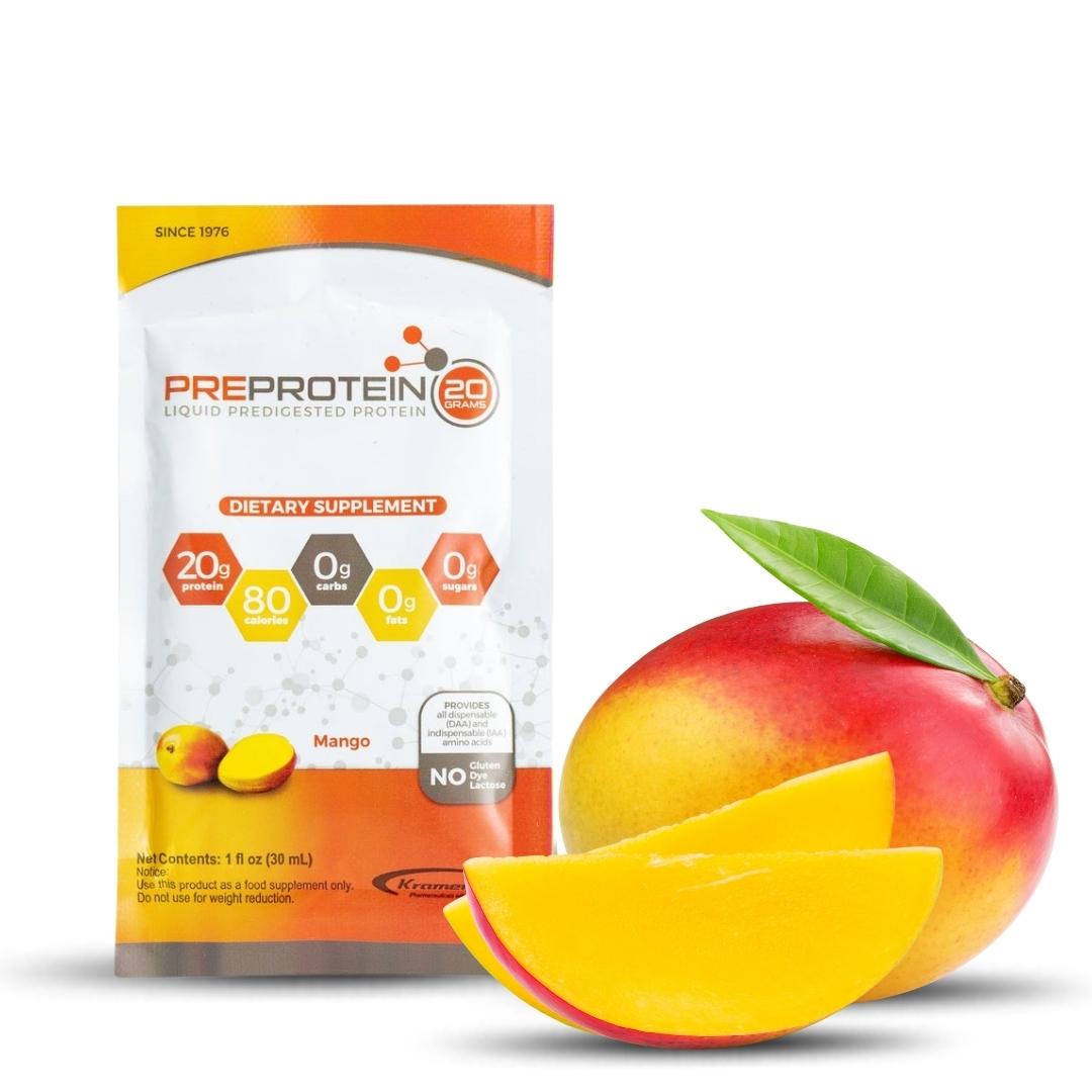 A packet of PreProtein liquid predigested protein supplement in mango flavor sits next to a whole mango and a sliced piece, highlighting its nutritional benefits with 20g of protein and 80 calories.