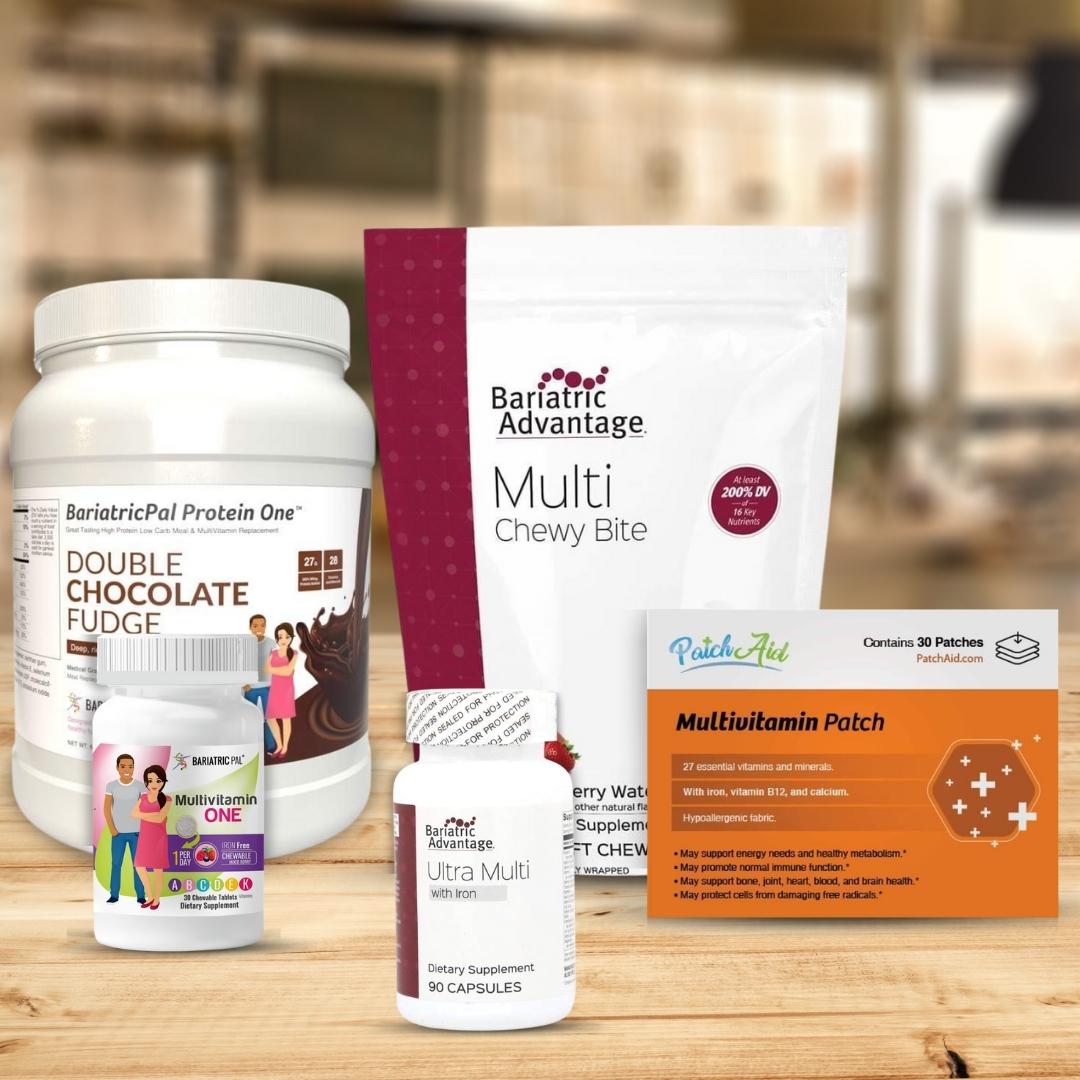 A collection of bariatric multivitamins and supplements, including a protein powder, chewy vitamins, capsules, and a patch, is displayed on a wooden surface with a blurred background.