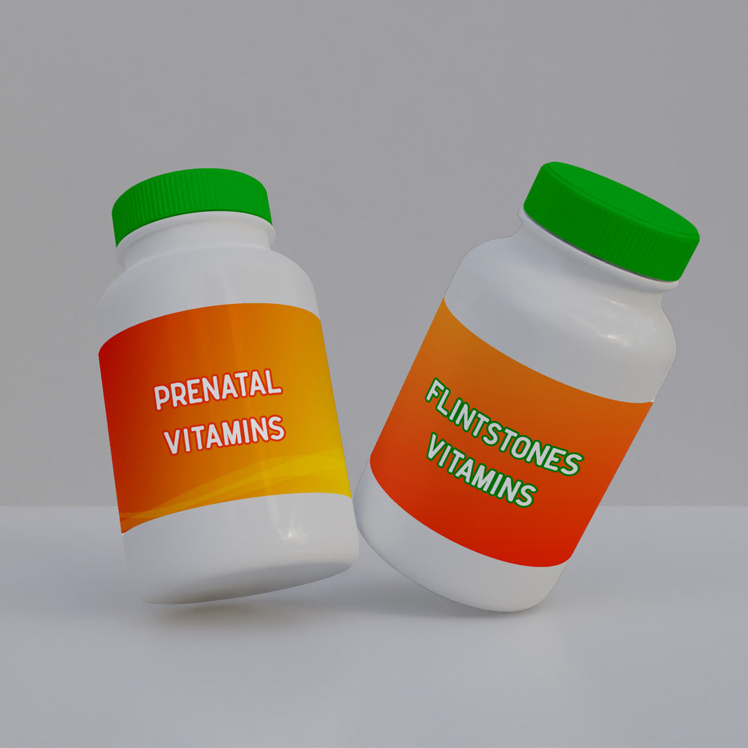 Two vitamin bottles are displayed on a white surface, one labeled "Prenatal Vitamins" and the other "Flintstones Vitamins," both with colorful orange labels and green caps.