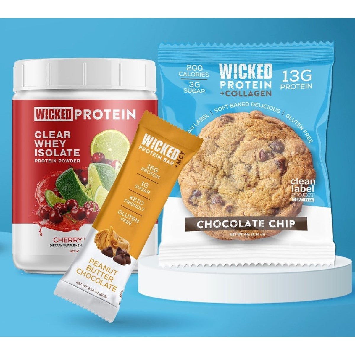 A container of WICKED Protein clear whey isolate, a protein bar, and a chocolate chip cookie are displayed on a light blue background, highlighting their nutritional benefits and flavors.