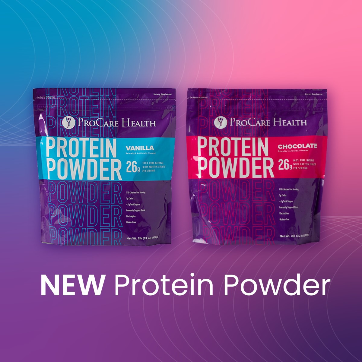 Two bags of ProCare Health Whey Isolate Protein Powder in vanilla and chocolate flavors are displayed against a gradient background, highlighting the new product with "NEW Protein Powder" text.