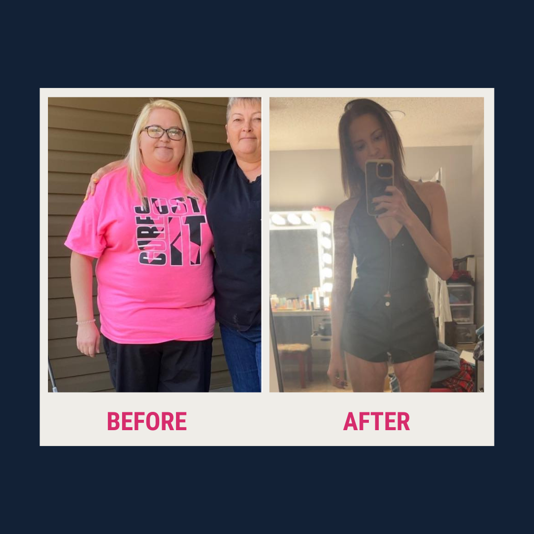 A woman stands smiling in a pink shirt with another person on the left, while on the right, she poses confidently in a black outfit, showcasing her transformation after losing 145 pounds.