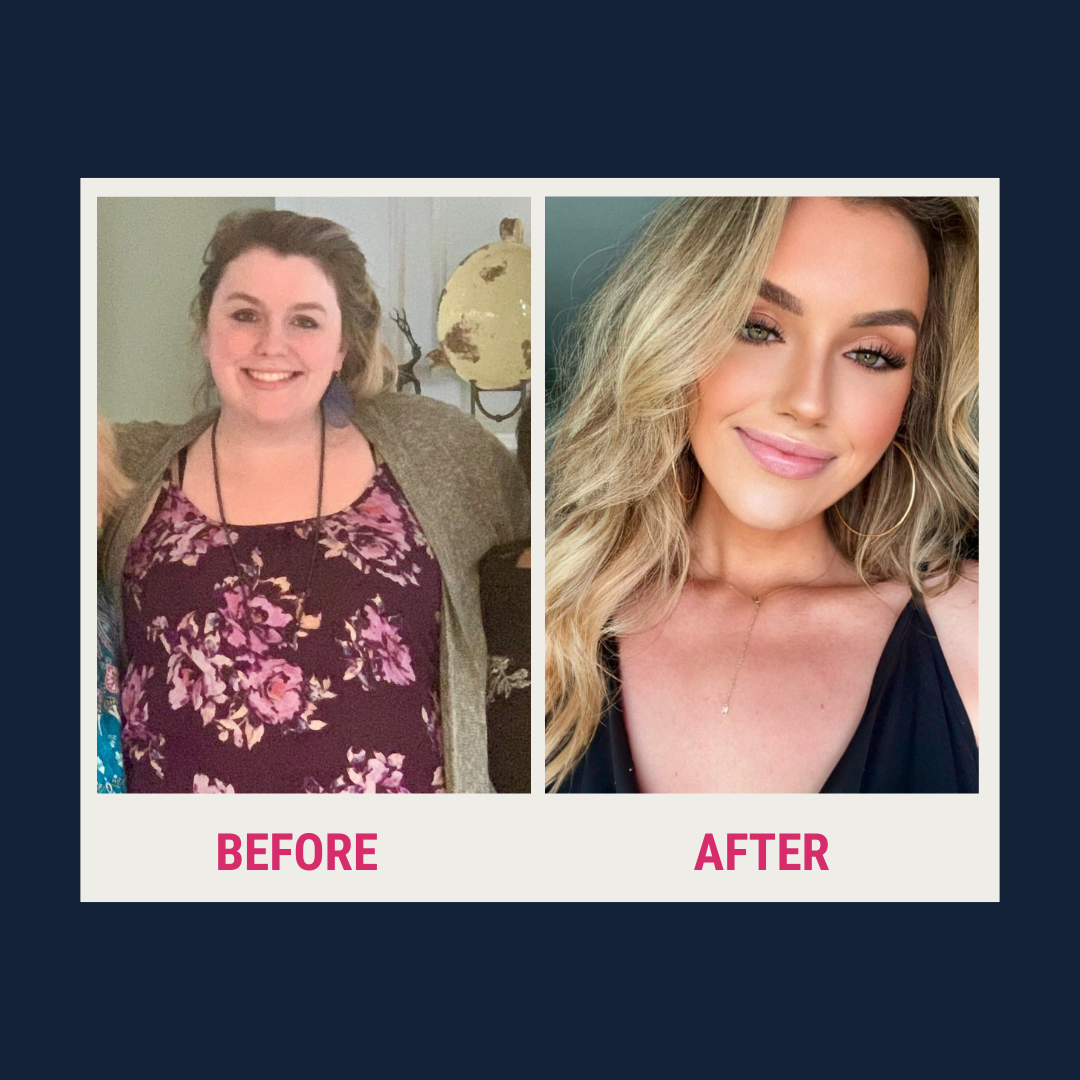 A woman is shown in two photos side by side: on the left, she appears before her weight loss journey, smiling in a floral top, and on the right, she looks confident and radiant after losing 135 pounds.