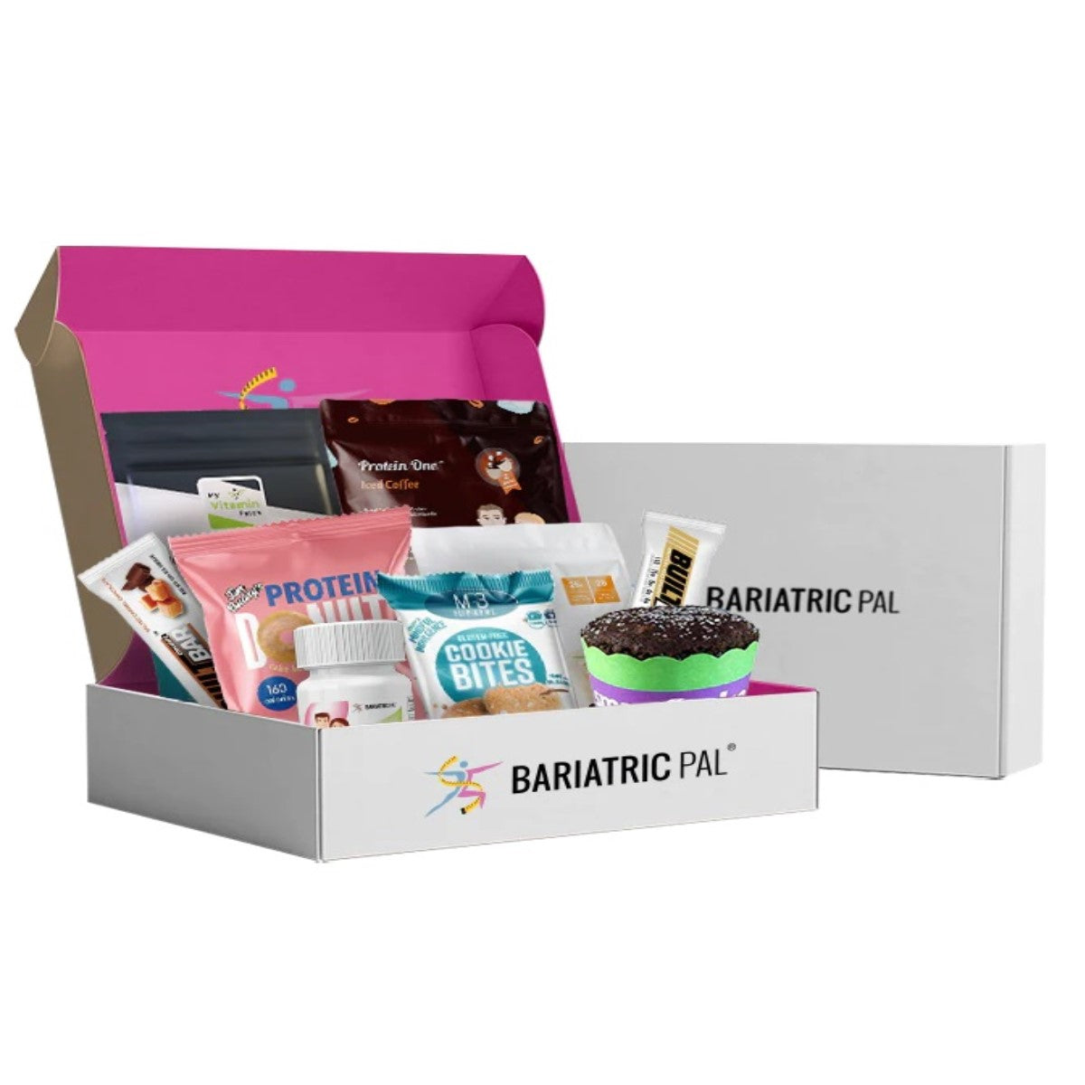A BariatricPal subscription box is open, revealing various protein snacks and treats, including a cupcake, packaged neatly against a bright pink interior.