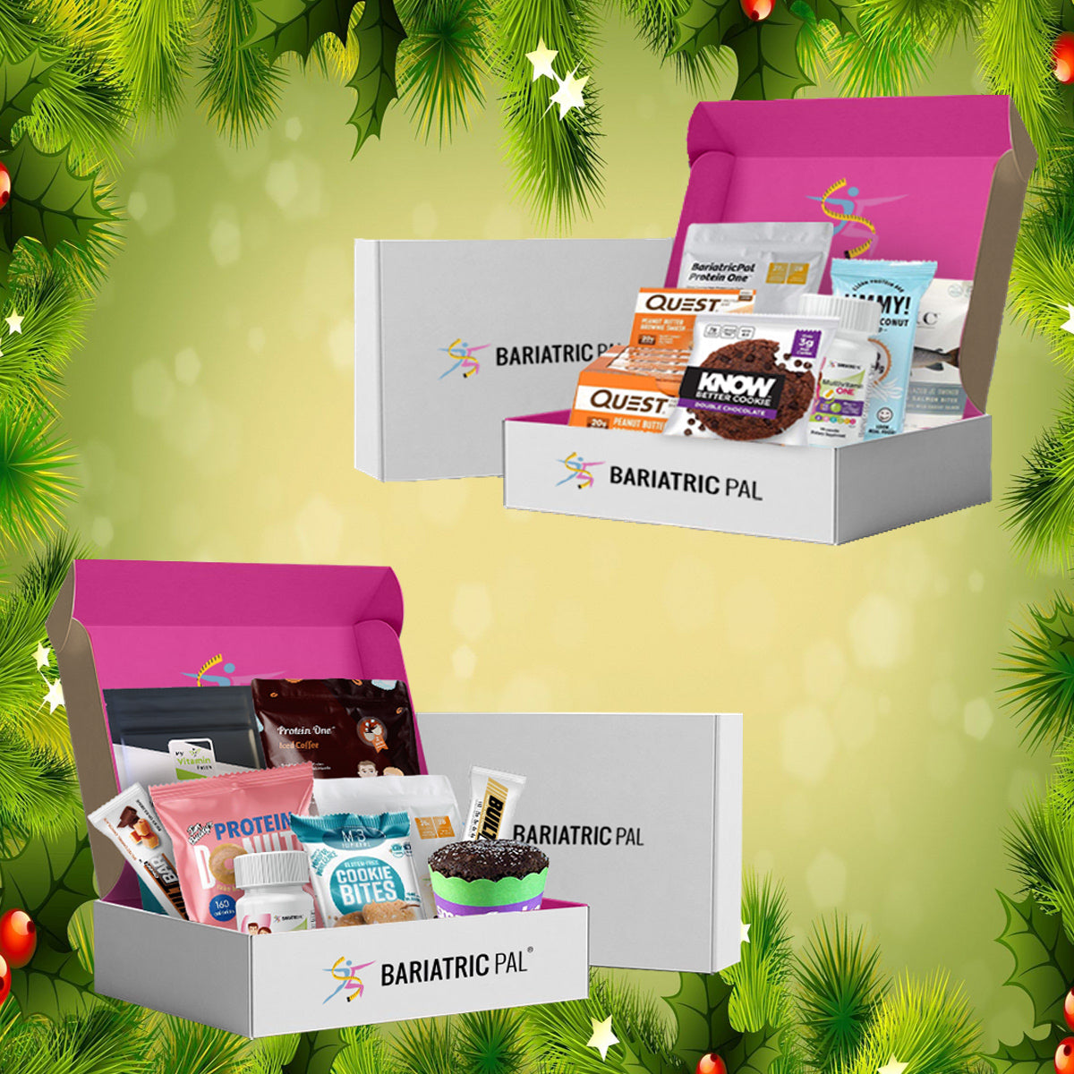 Two open gift boxes labeled "Bariatric Pal" are filled with various snacks and protein products, set against a festive background of green foliage and holiday decorations.