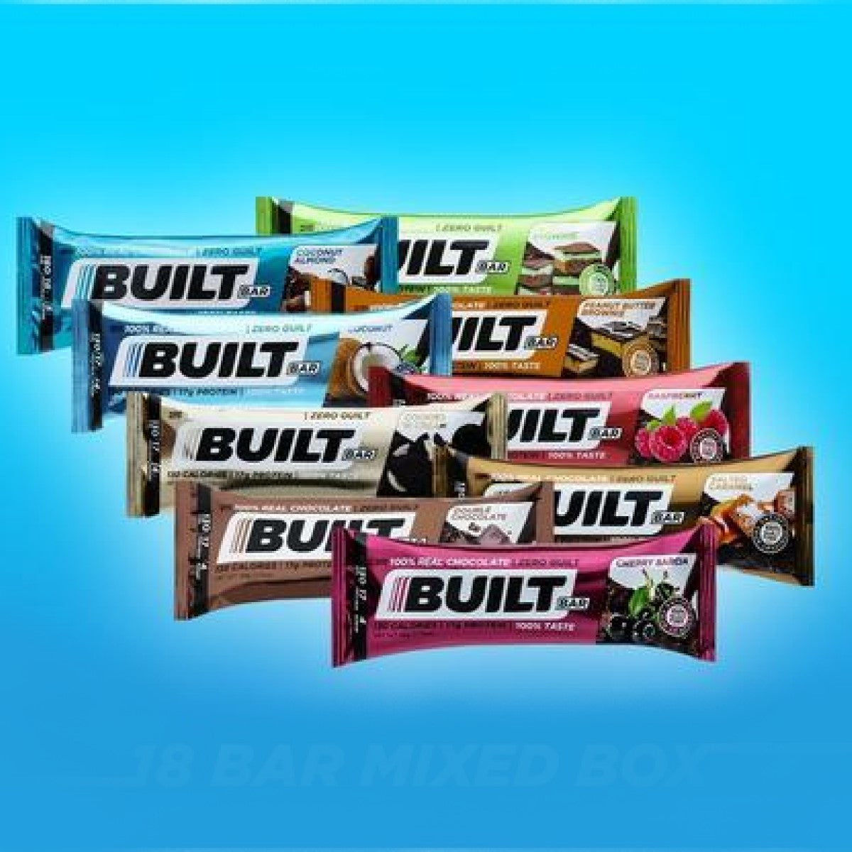 A variety of BuiltBar protein bars in different flavors are displayed against a bright blue background, showcasing their colorful packaging and branding.