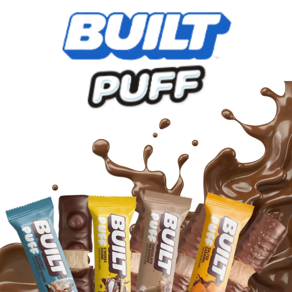 Colorful Built Bar Protein Puffs in various flavors are displayed against a backdrop of chocolate splashes, highlighting the latest additions available at the BariatricPal Store.