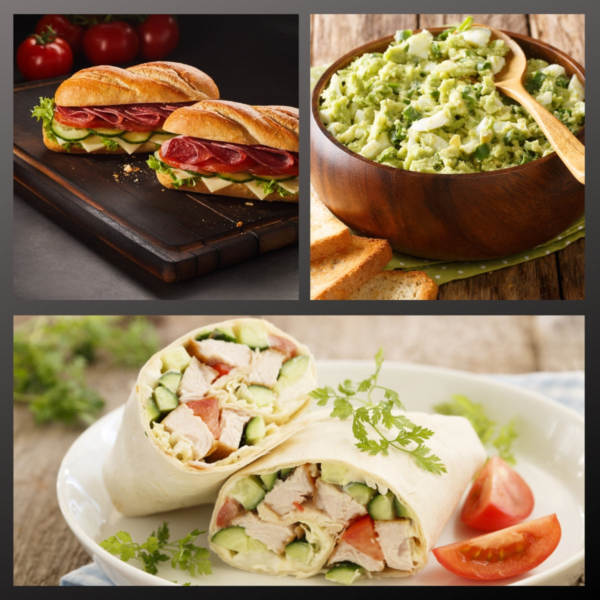 Three healthy lunch options are displayed: two sub sandwiches with lettuce and salami on a wooden board, a bowl of green salad with a spoon, and a cut wrap filled with chicken and vegetables on a plate.