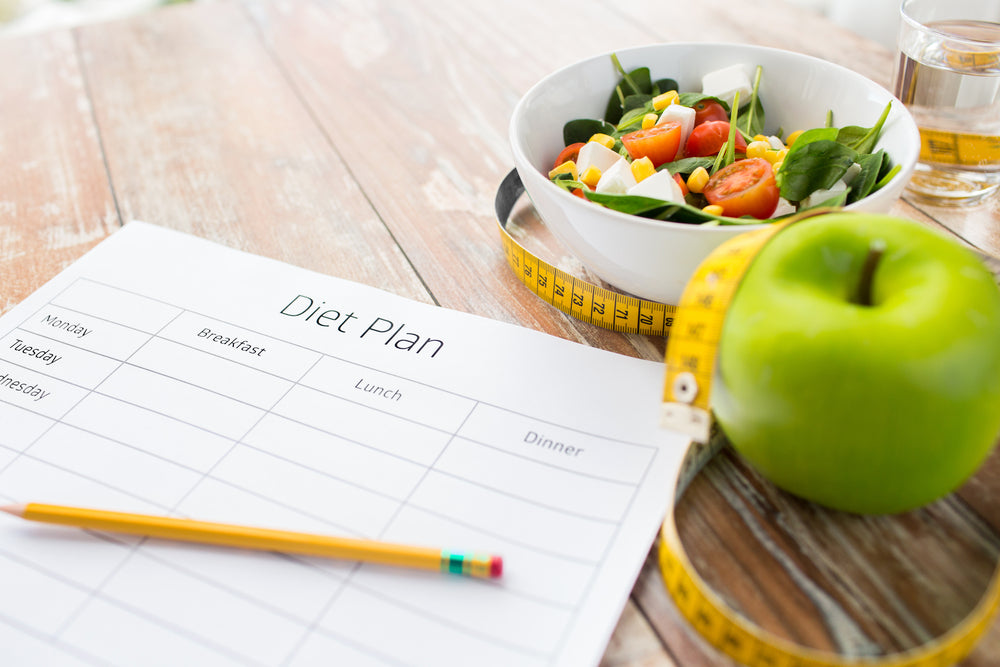 A diet plan sheet with empty sections sits on a wooden table next to a bowl of salad, a green apple, and a measuring tape, suggesting a focus on healthy eating and weight management.