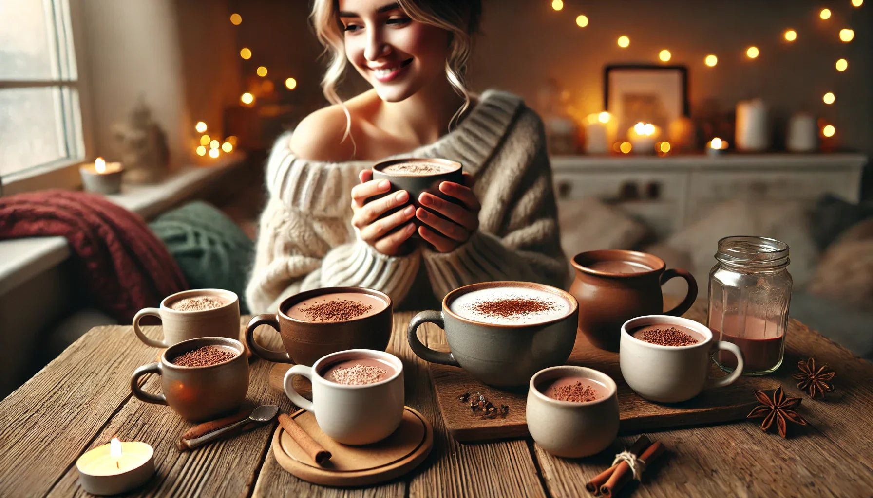 A smiling woman in a cozy sweater holds a cup of hot chocolate, surrounded by various mugs of hot chocolate and cinnamon sticks on a wooden table, with warm lights creating a cozy atmosphere.